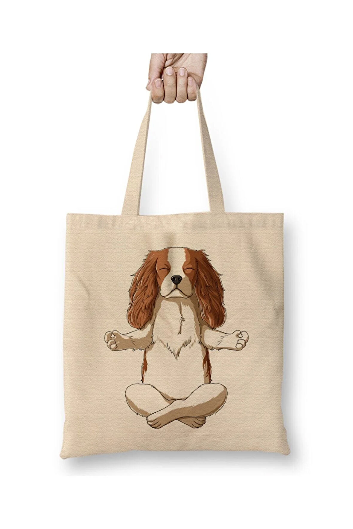 Yoga Cavalier King Charles Spaniel Dog Köpek Beyaz Bez Çanta Uzun Saplı Alışveriş Çantası