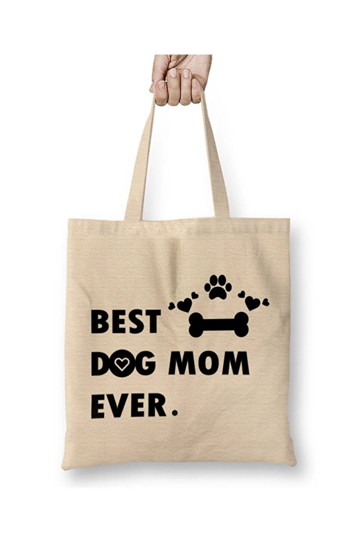 Best Dog Mom Köpek Annesi Beyaz Bez Çanta Uzun Saplı Alışveriş Çantası Plaj Çantası
