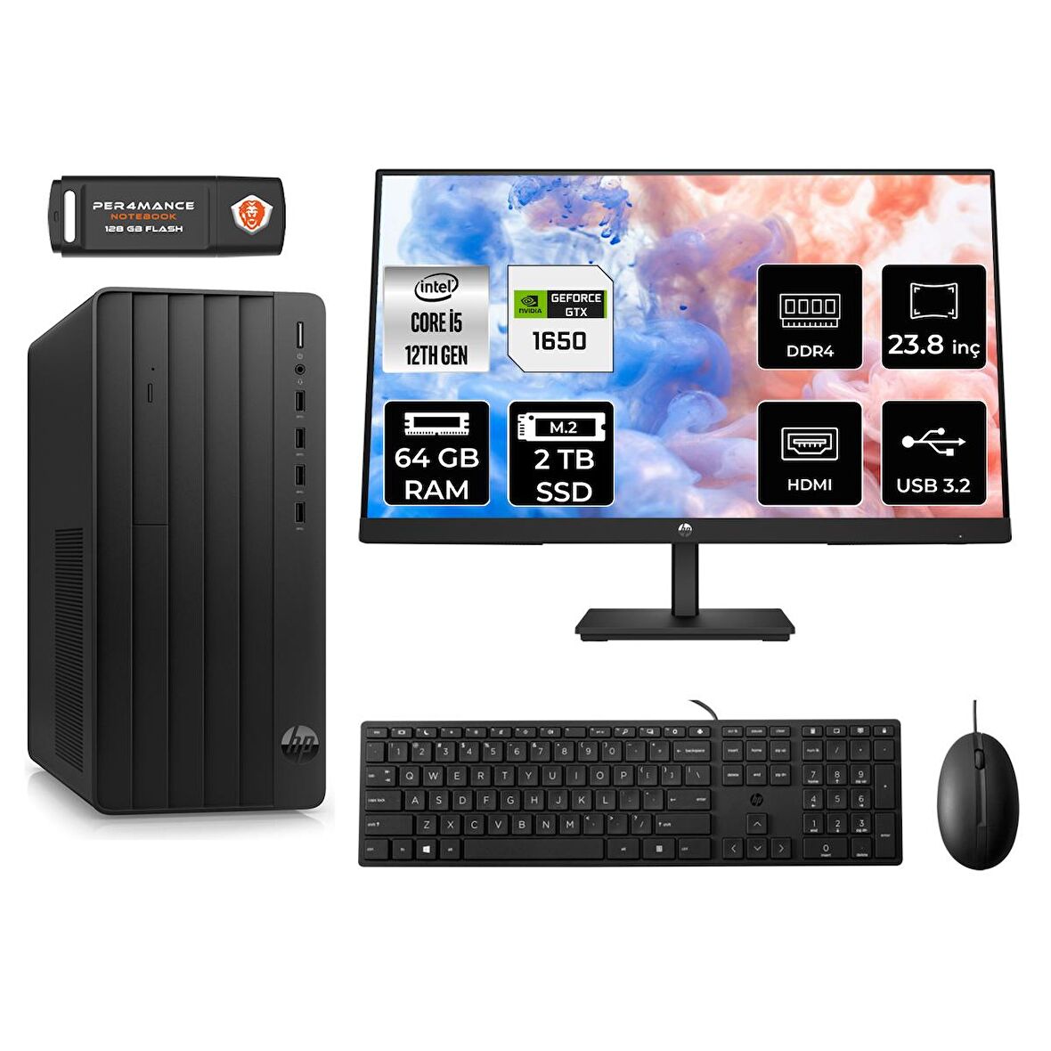 HP TOWER 290 G9 i5 12500 64GB RAM 2TB SSD GTX1650/4GB FDOS 6D3A5EA MASAÜSTÜ PC & 23.8'' MONİTÖR