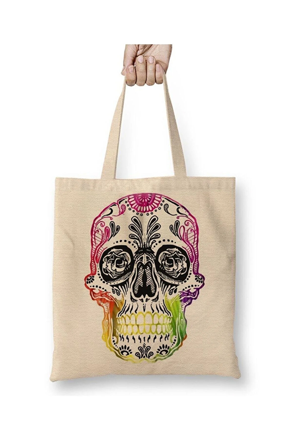 Mexicana Psicodelica Skull Kuru Kafa Bez Çanta Uzun Saplı Alışveriş Çantası Plaj Çantası