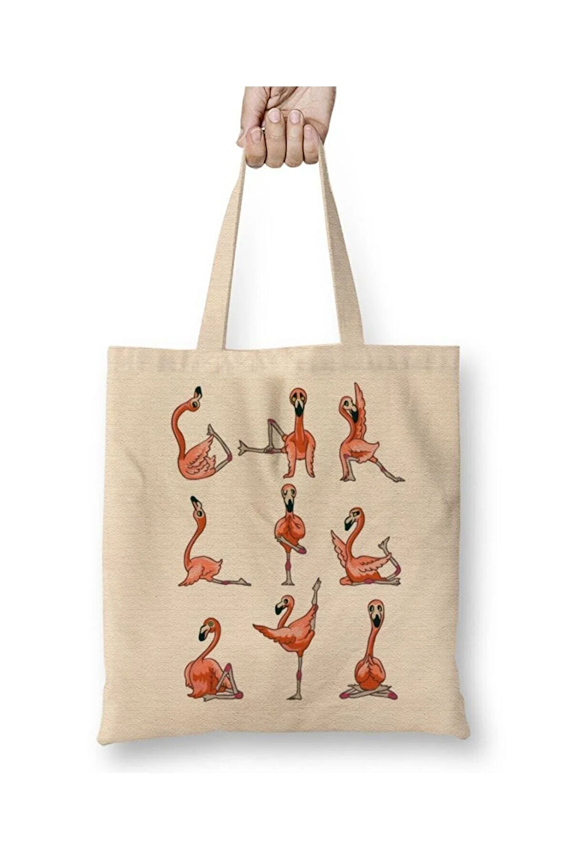 Flamingo Yoga Beyaz Bez Çanta Uzun Saplı Alışveriş Çantası Plaj Çantası