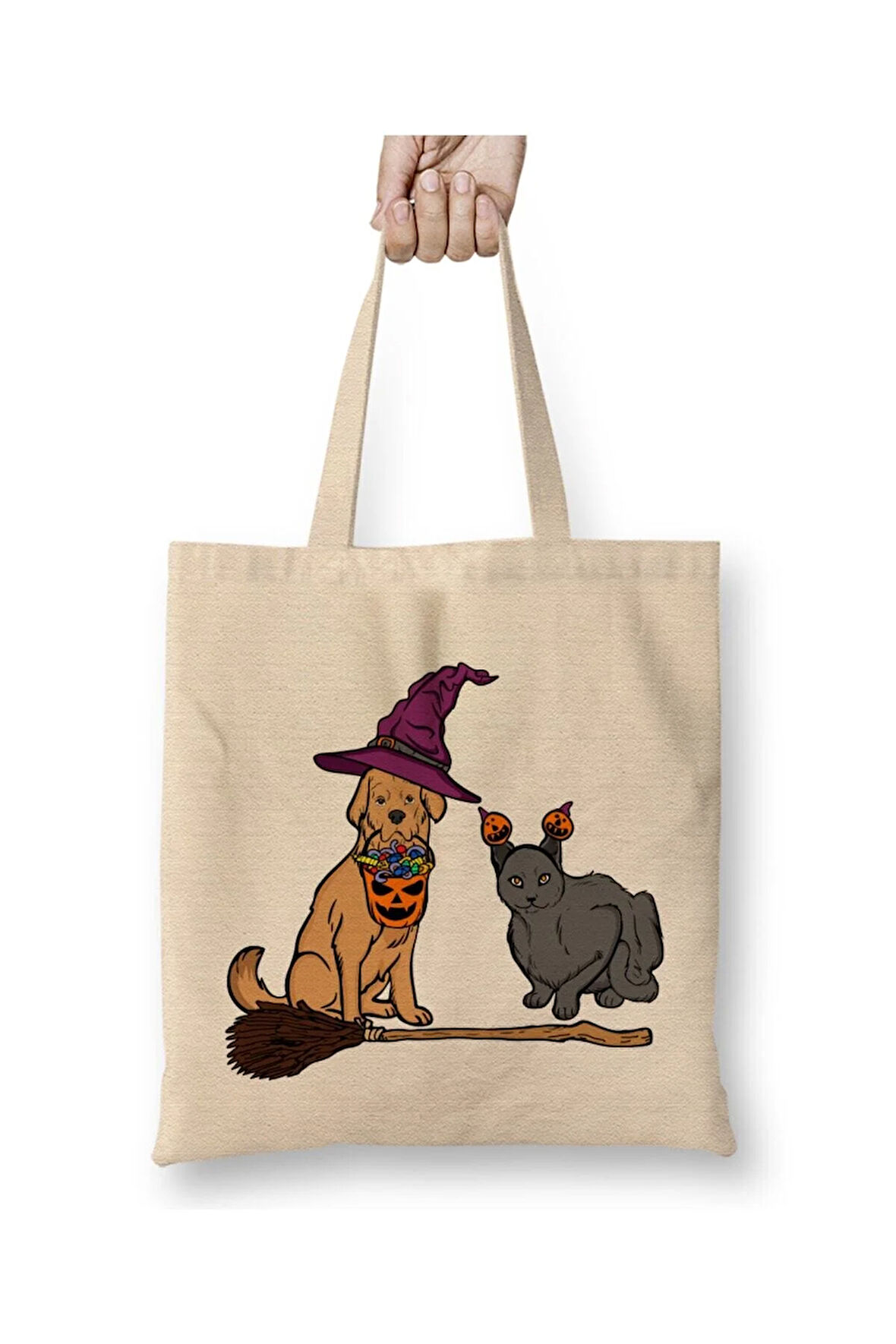 Halloween Dog & Cat Witch Animal Friends Beyaz Bez Çanta Uzun Saplı Alışveriş Çantası Plaj Çantası
