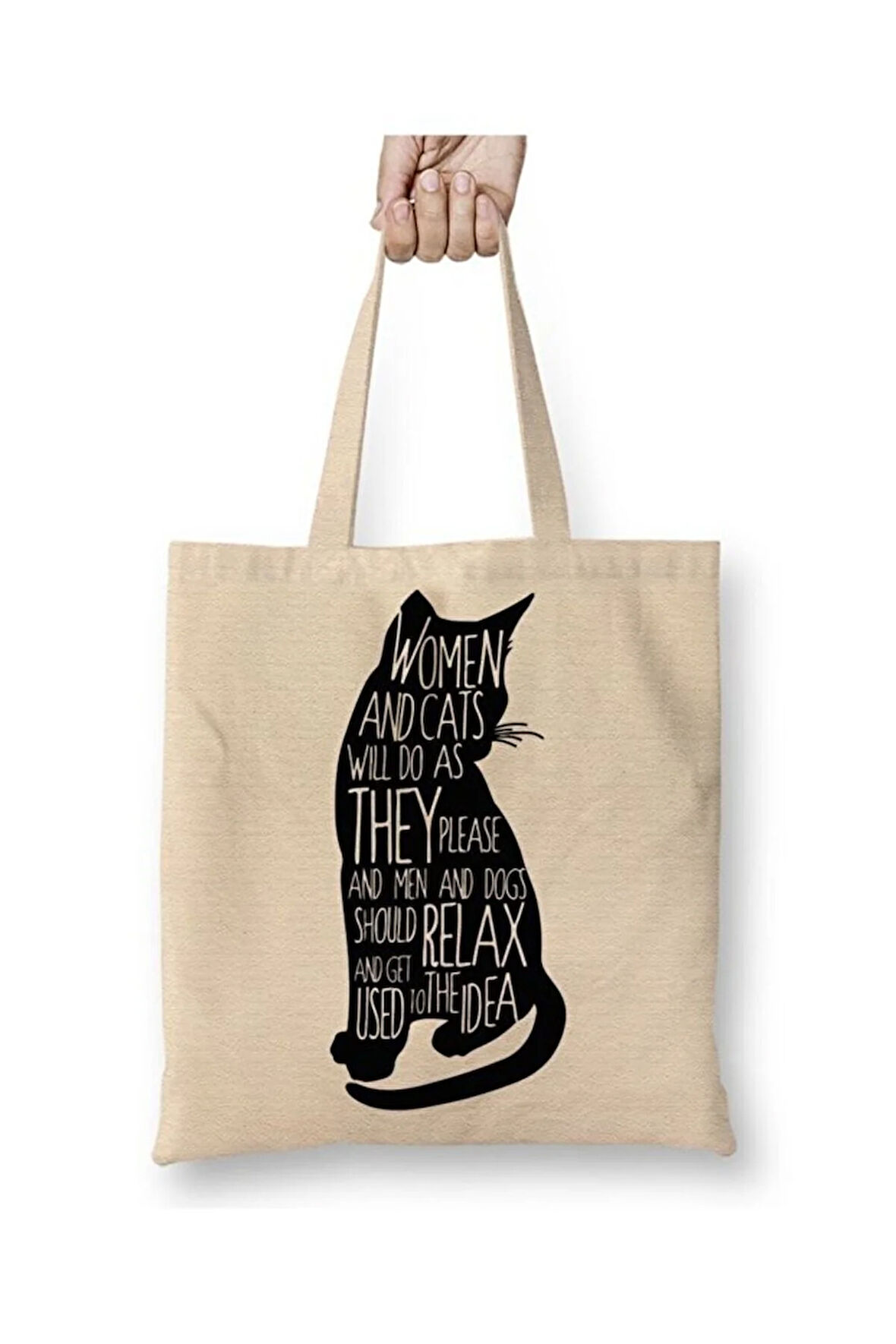 Kedi Cats Womens Beyaz Bez Çanta Uzun Saplı Alışveriş Çantası Plaj Çantası