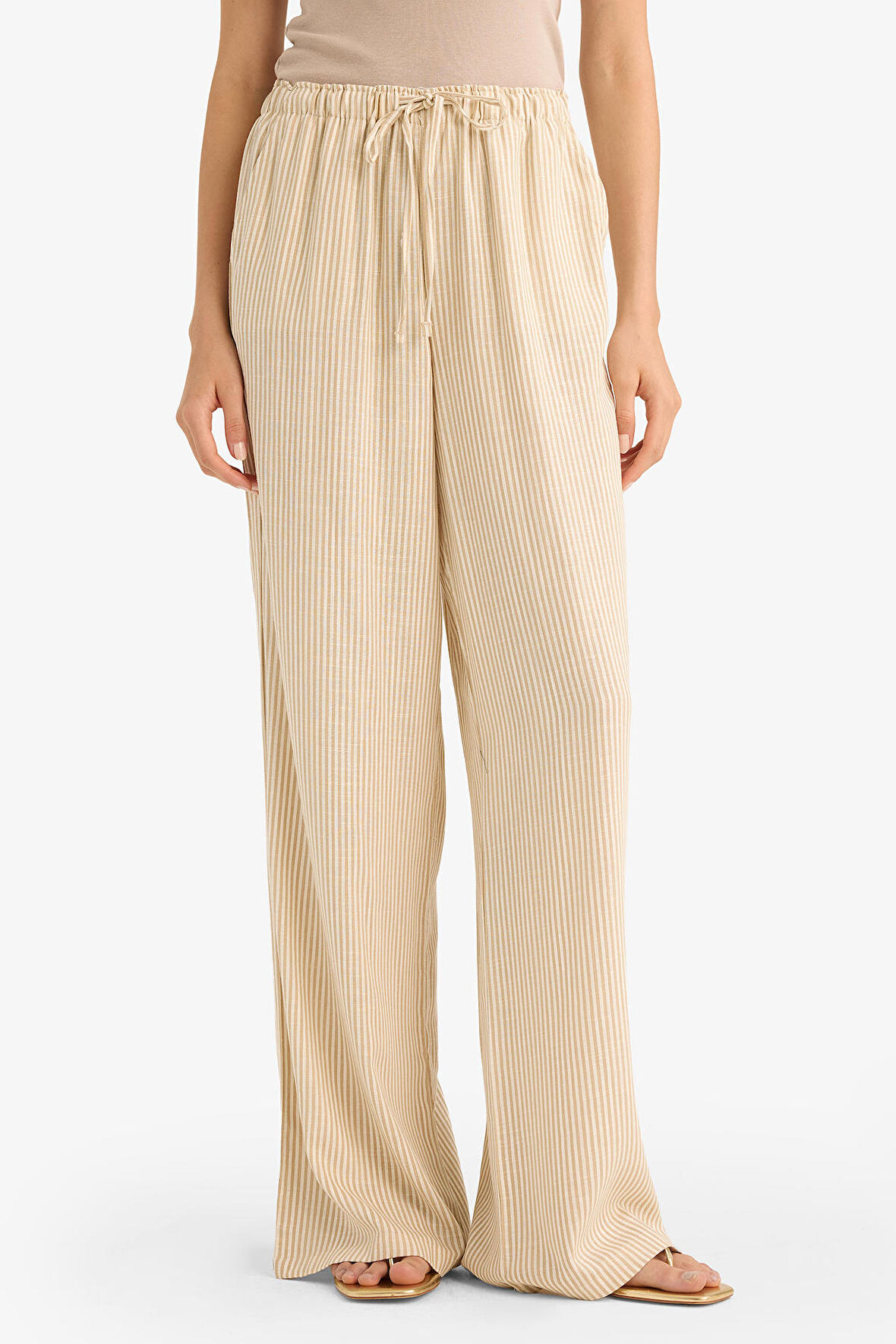 Wide Leg Çift Cepli Beli Lastikli Standart Boy Keten Karışımlı Pantolon