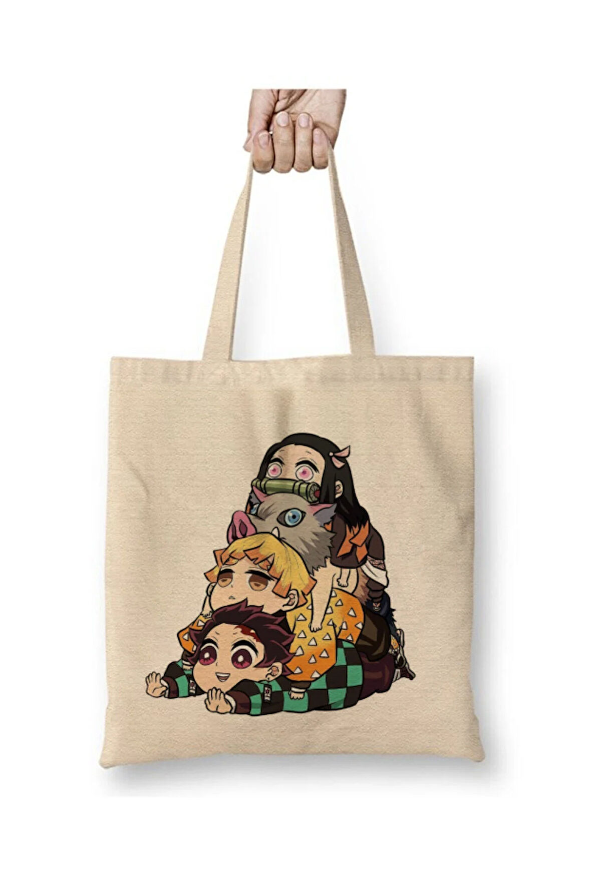 Demon Slayer İblis Keser Beyaz Bez Çanta Uzun Saplı Alışveriş Çantası Plaj Çantası