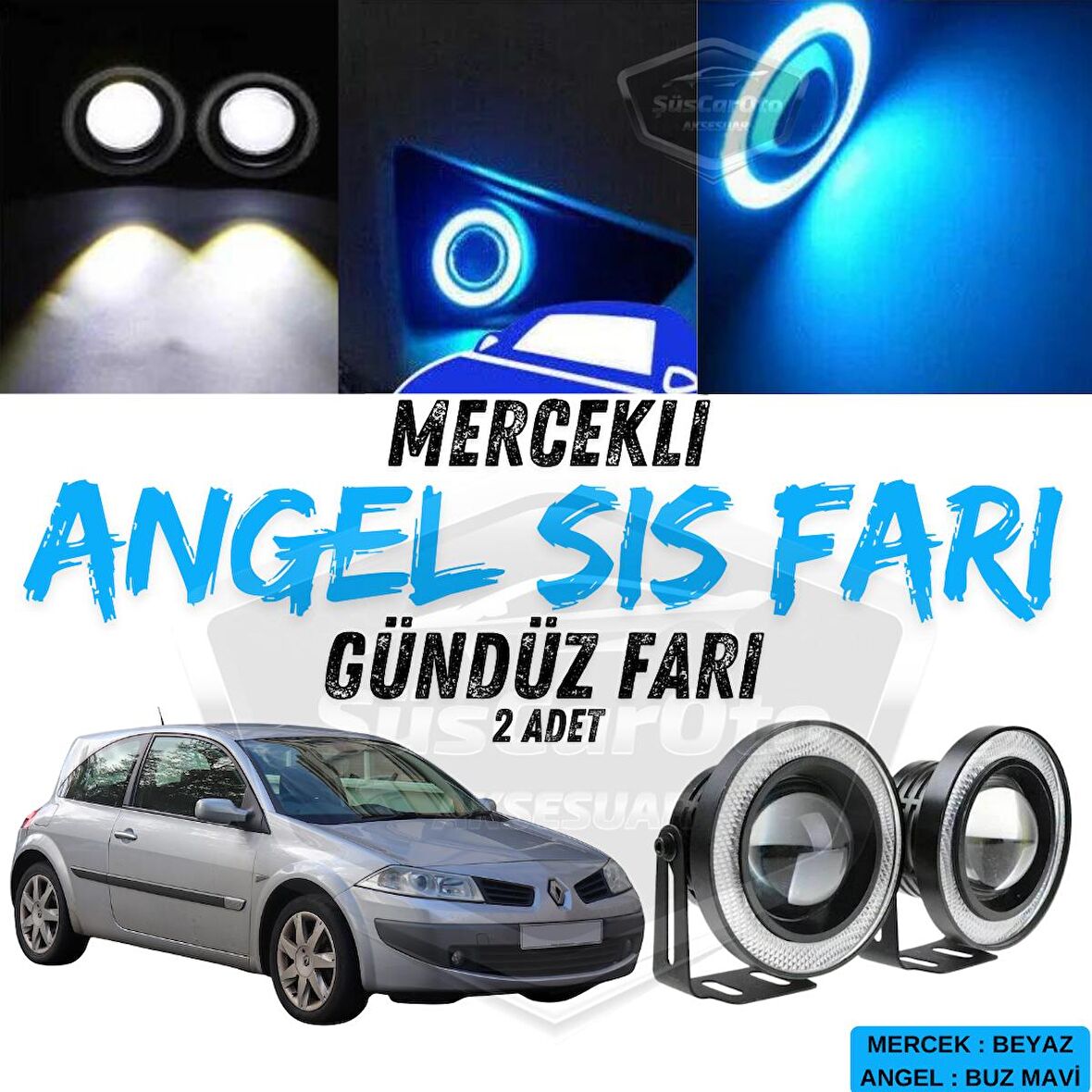 Renault Megane 2 2003-2008 Uyumlu Üniversal Mercekli Angel Sis Farı Metal Su Geçirmez 76 mm Buz Mavi Halkalı Gündüz Farı Angel Eyes 2 Adet