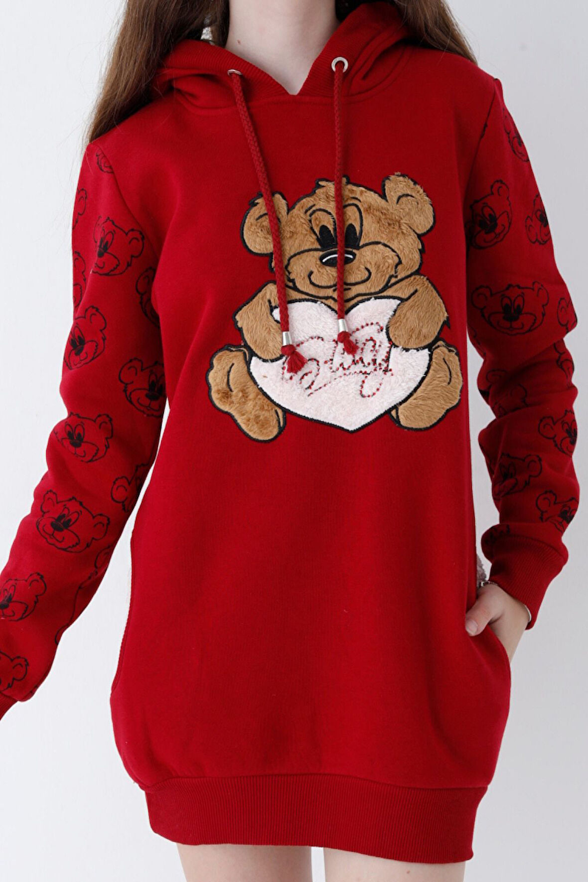 Genç Kız Kırmızı Ayıcıklı Desenli Kapüşonlu Pamuklu Sweatshirt