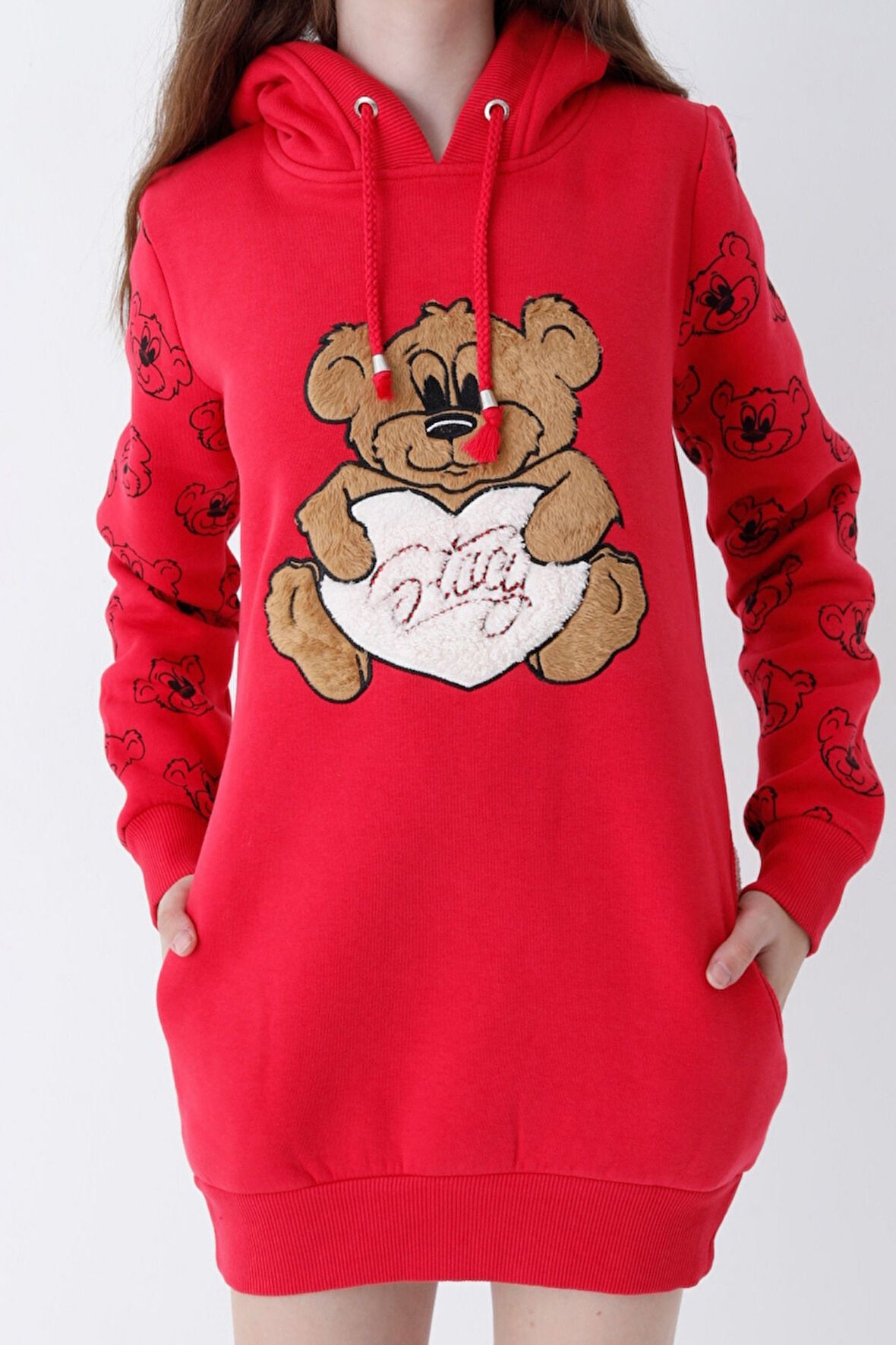 Genç Kız Kırmızı Ayıcıklı Desenli Kapüşonlu Pamuklu Sweatshirt