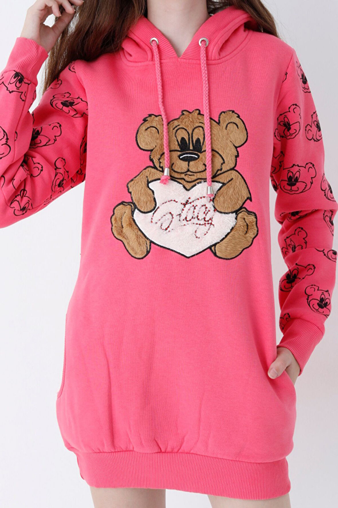 Genç Kız Kırmızı Ayıcıklı Desenli Kapüşonlu Pamuklu Sweatshirt