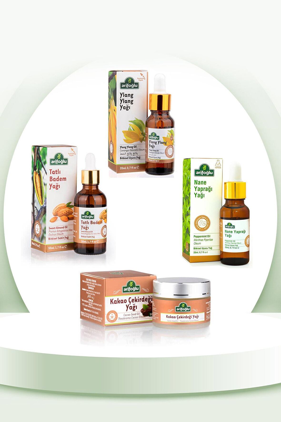 Arifoğlu Yavaş Uzayan Saç Seti:badem Y. 50ml Kakao Çekirdeği Y. 50ml Ylang Ylang Y. 20ml Nane Yaprağı Y. 20ml
