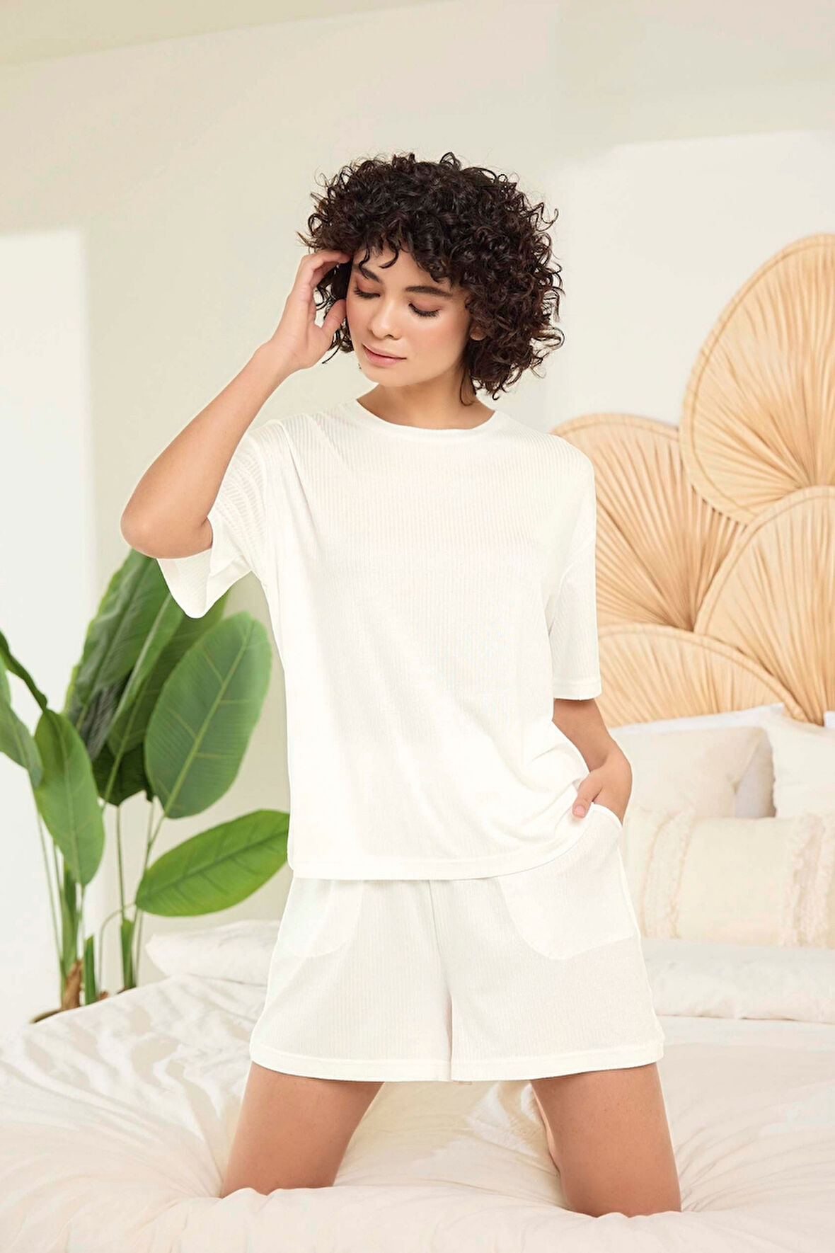Aydoğan Kadın Beyaz %95 Lyocell %5 Elasthan Şort Pijama Takımı