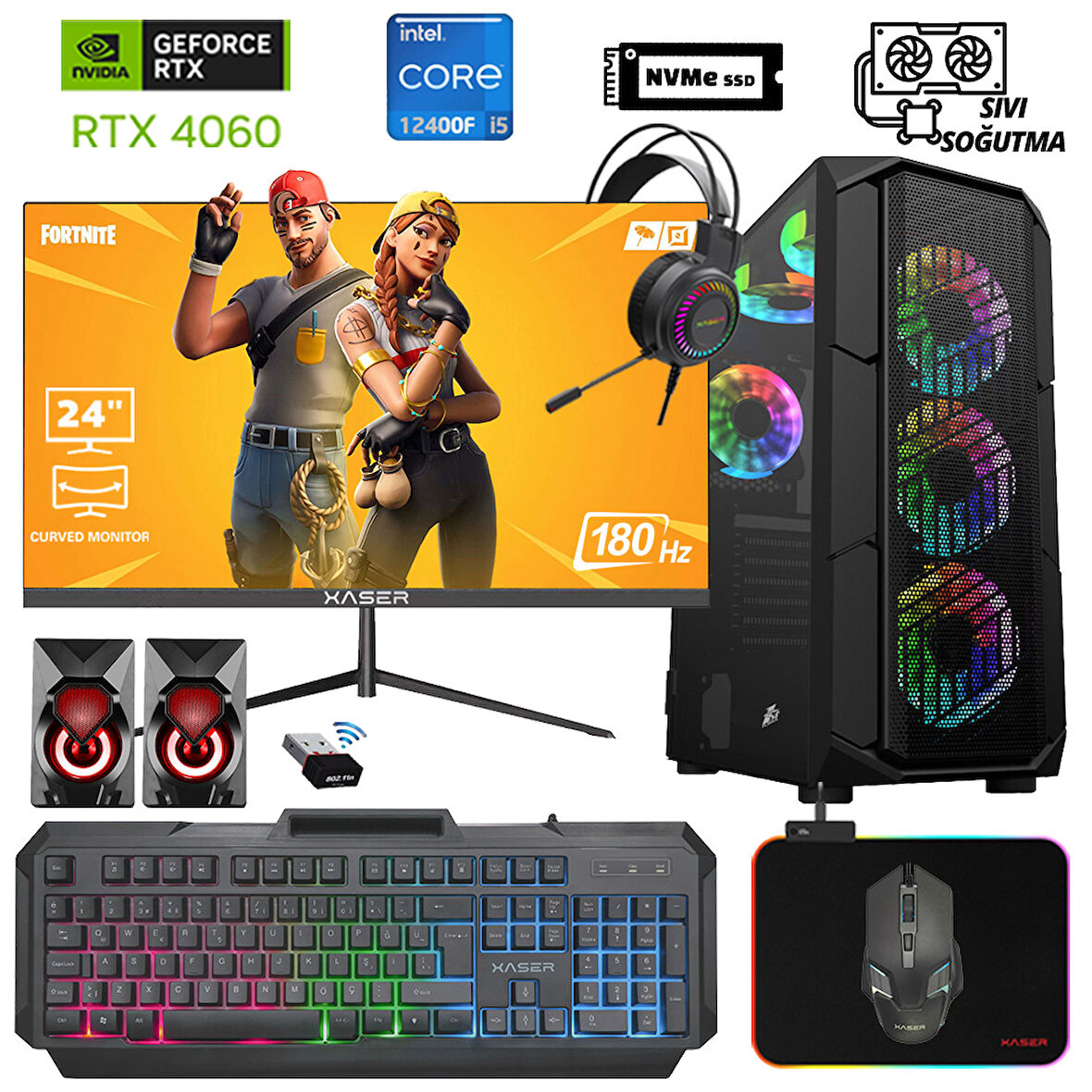 Xaser Xsr986 i5 12400F 16GB Ram 512GB M.2 NVMe SSD 8GB RTX4060 23.8 "Curved 180Hz Sıvı Soğutma Oyuncu Bilgisayarı