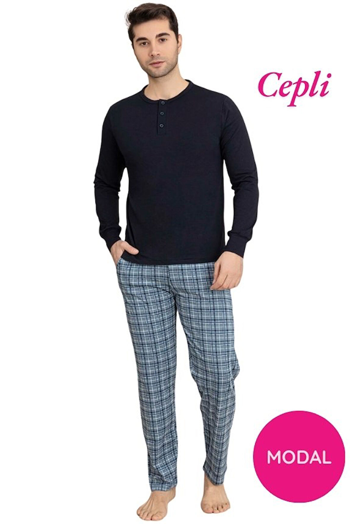 Erkek 3 Düğmeli Ekose Desen Pamuk Likra Mevsimlik Modal Uzun Kol Manşetli Cepli Pijama Takımı