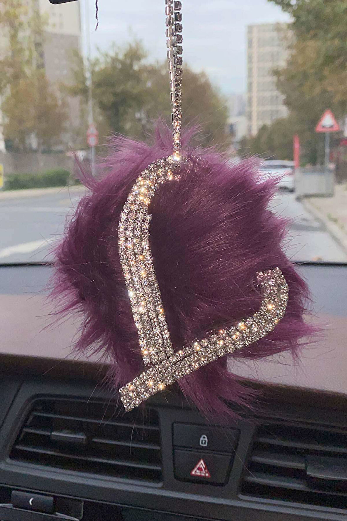 Swarovski Gümüş Taşlı Dikiz Ayna Kolye Süsü Mor Tüylü L Harfi