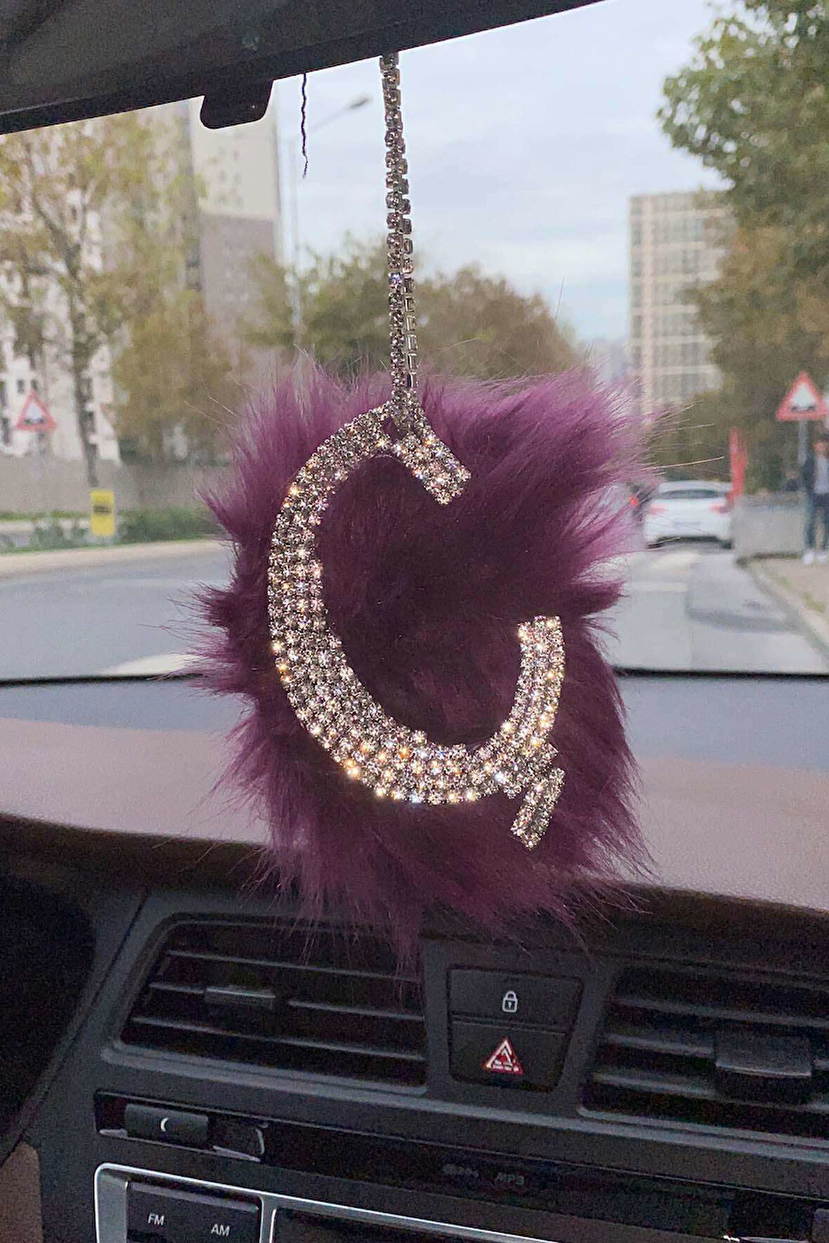 Swarovski Gümüş Taşlı Dikiz Ayna Kolye Süsü Mor Tüylü Ç Harfi