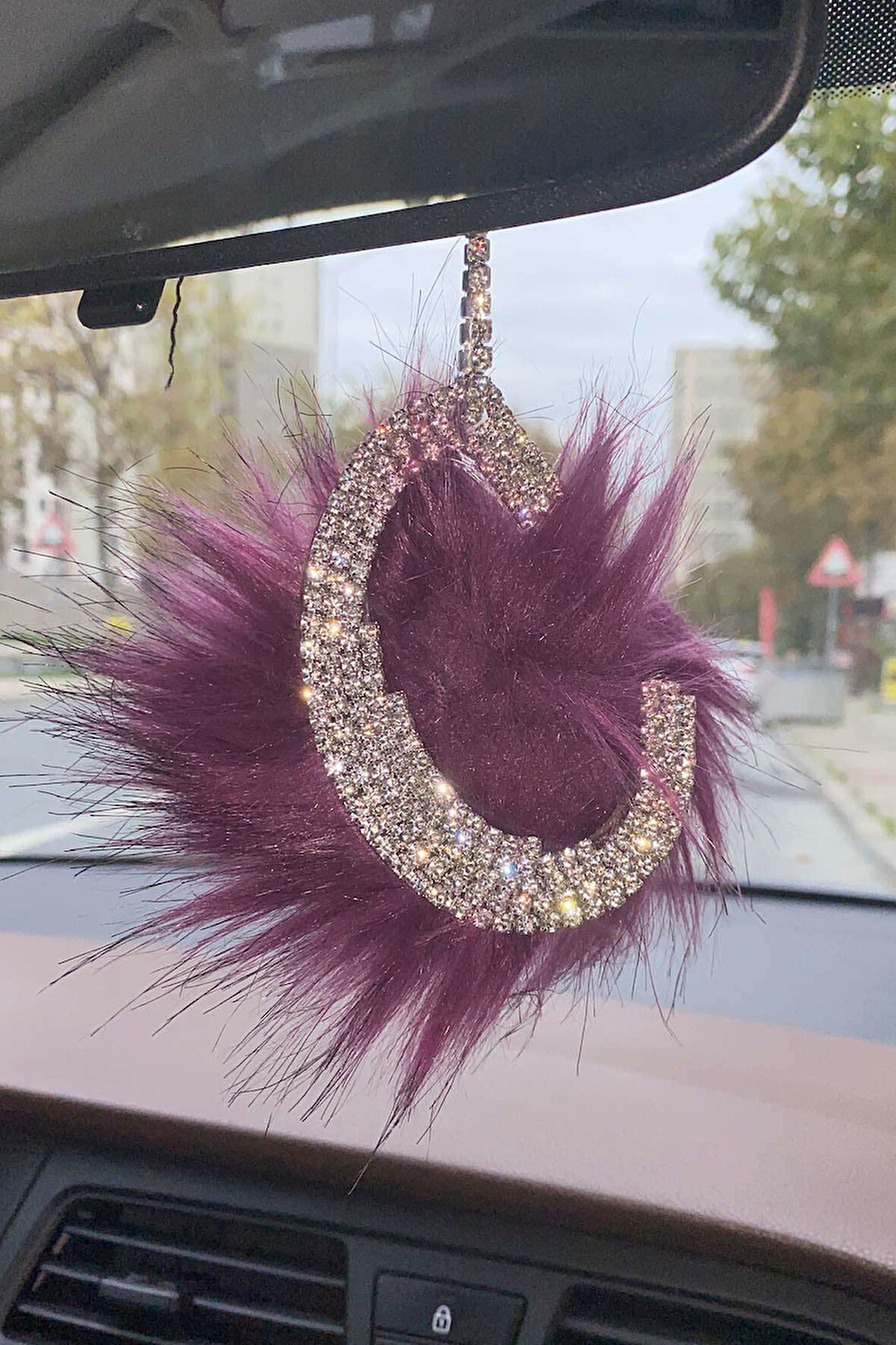 Swarovski Gümüş Taşlı Dikiz Ayna Kolye Süsü Mor Tüylü C Harfi
