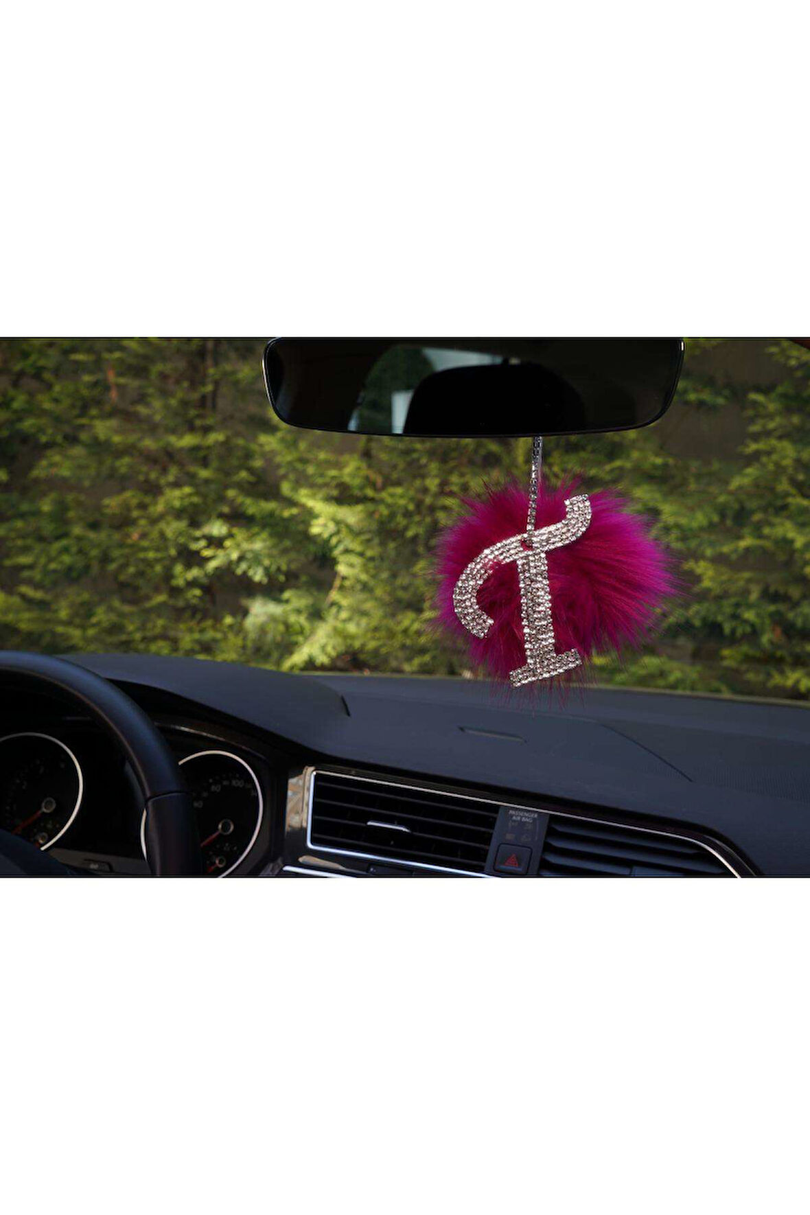 Swarovski Gümüş Taşlı Dikiz Ayna Kolye Süsü Pembe Tüylü T Harfi