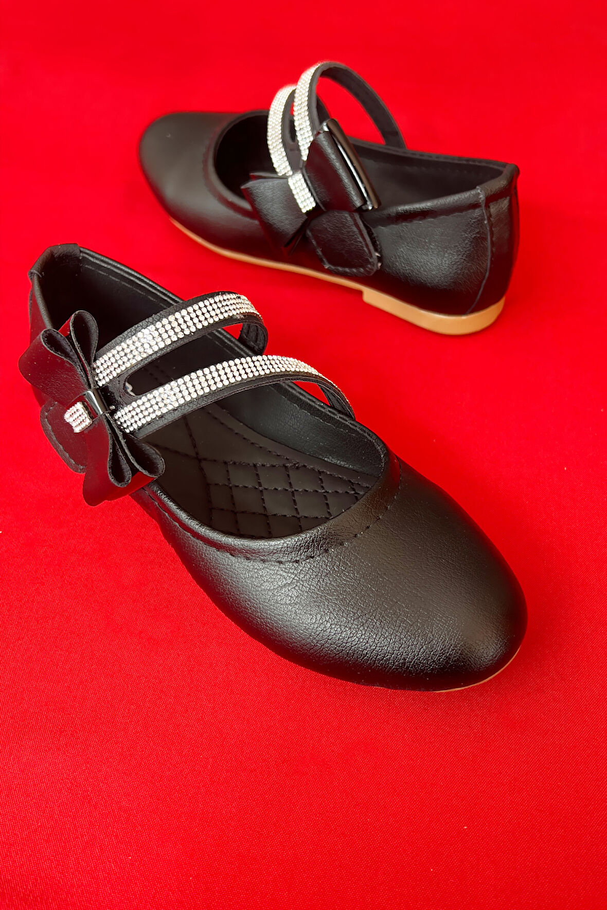 Kız Çocuk Ayakkabı Papyonlu Babet Taşlı Siyah