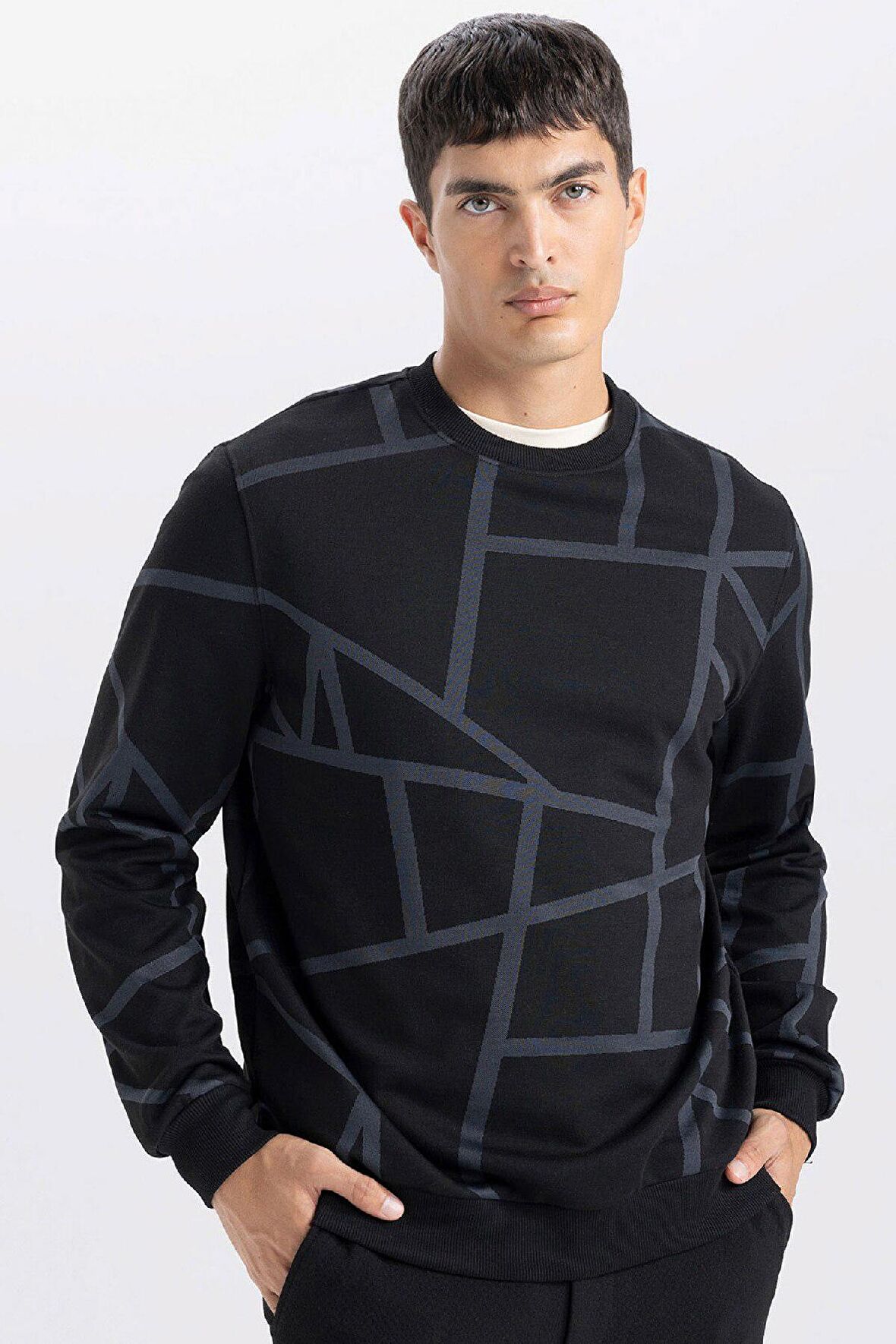 DeFacto Modern Fit Bisiklet Yaka Desenli Sweatshirt A7824AX24AUBK81