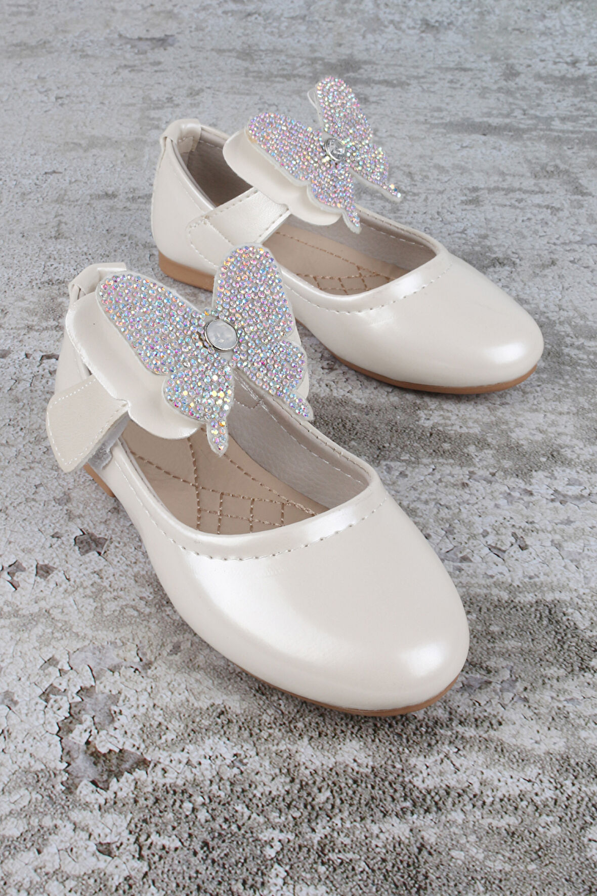 Kız Çocuk Ayakkabı Cırtlı Kelebek Taşlı Babet Sedef