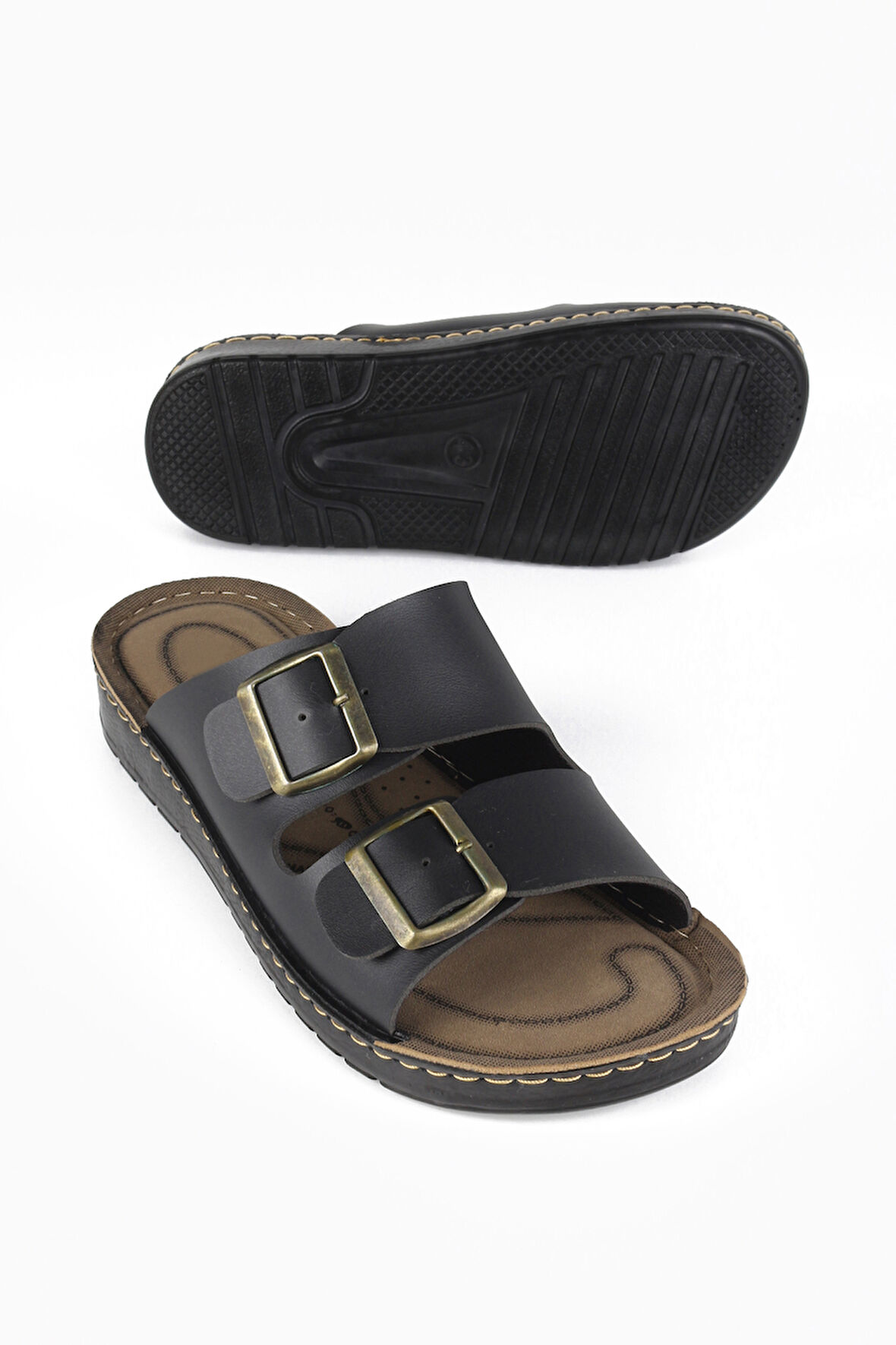 Lugmo Suni Deri Eva Terlik Dikişli Metal Çift Tokalı Erkek Konfort Hafif Kaymaz Siyah