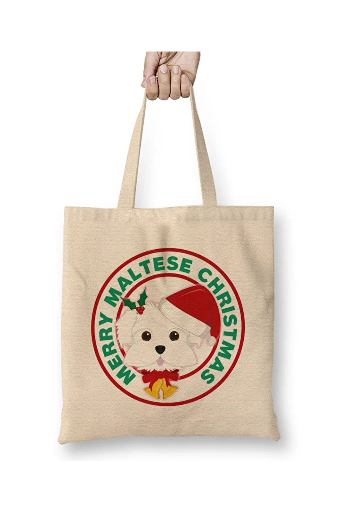 Merry Christmas Maltese Dog Köpek Beyaz Bez Çanta Uzun Saplı Alışveriş Çantası Plaj Çantası