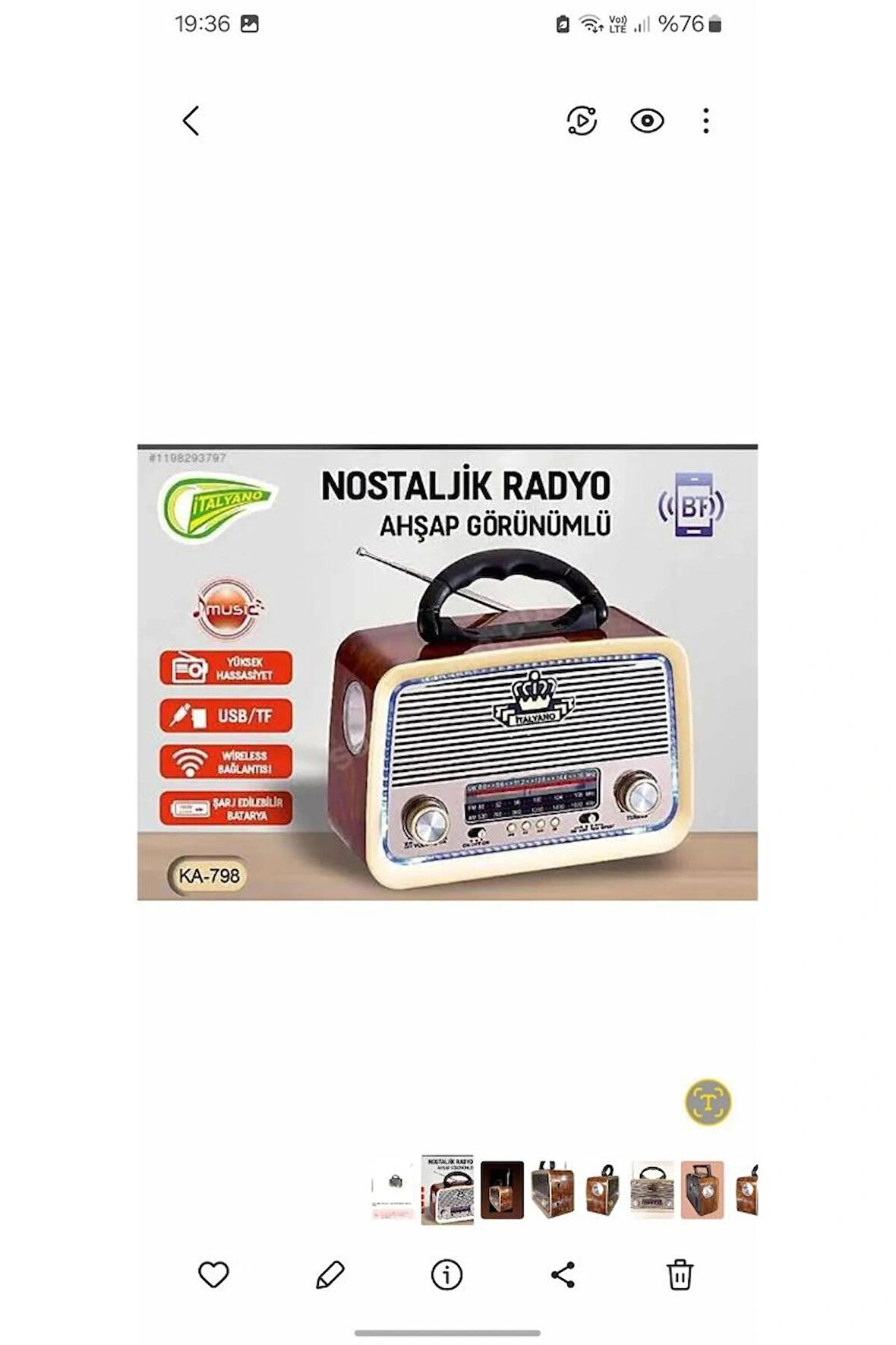 Nostaljik Radyo USB/SD/MP3/Bluetooth Işıklı Şarjlı Nostaljik Radyo