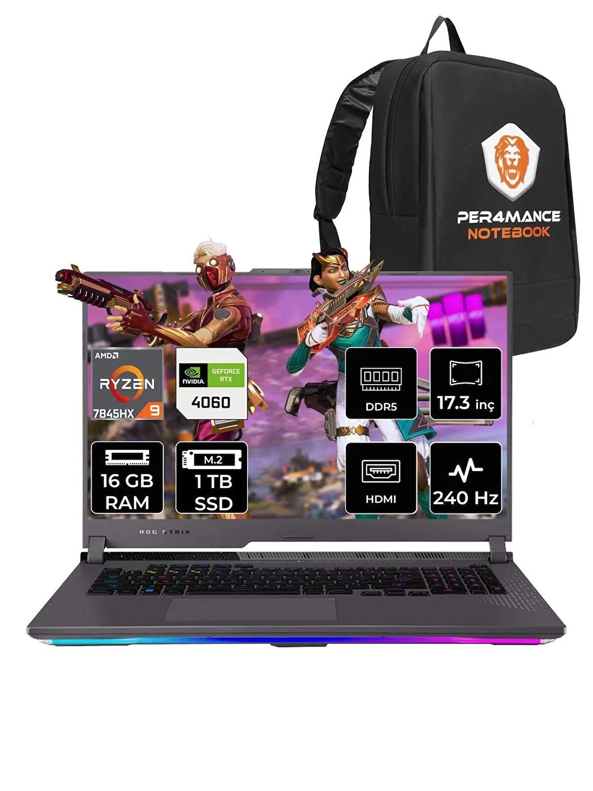 ASUS ROG Strix G17 R9 7845HX 16GB 1TB SSD RTX4060/8GB 240HZ 17.3" WQHD FDOS LL091 & PER4 ÇANTA