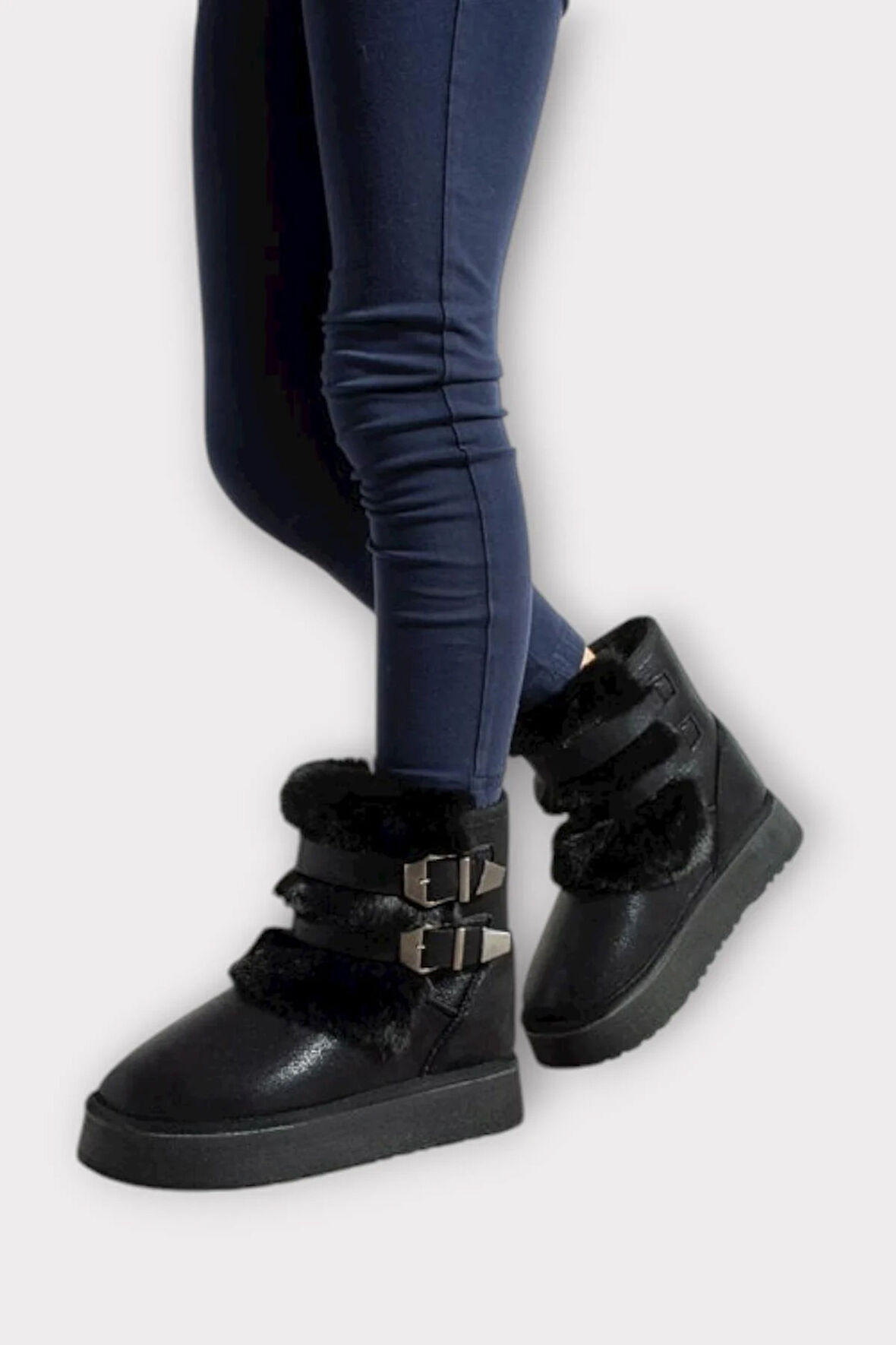 İçi Kürklü Çift Kemerli Kalın Taban Kız Çocuk Bot SİYAH