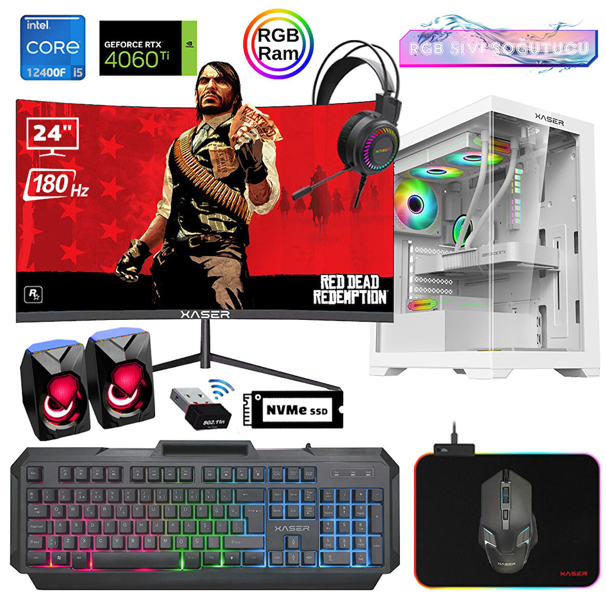 Xaser Xsr900 i5 12400F 16GB Ram 512GB M.2 NVMe SSD 8GB RTX4060Ti 24"Curved 180Hz Sıvı Soğutma Oyun Bilgisayarı