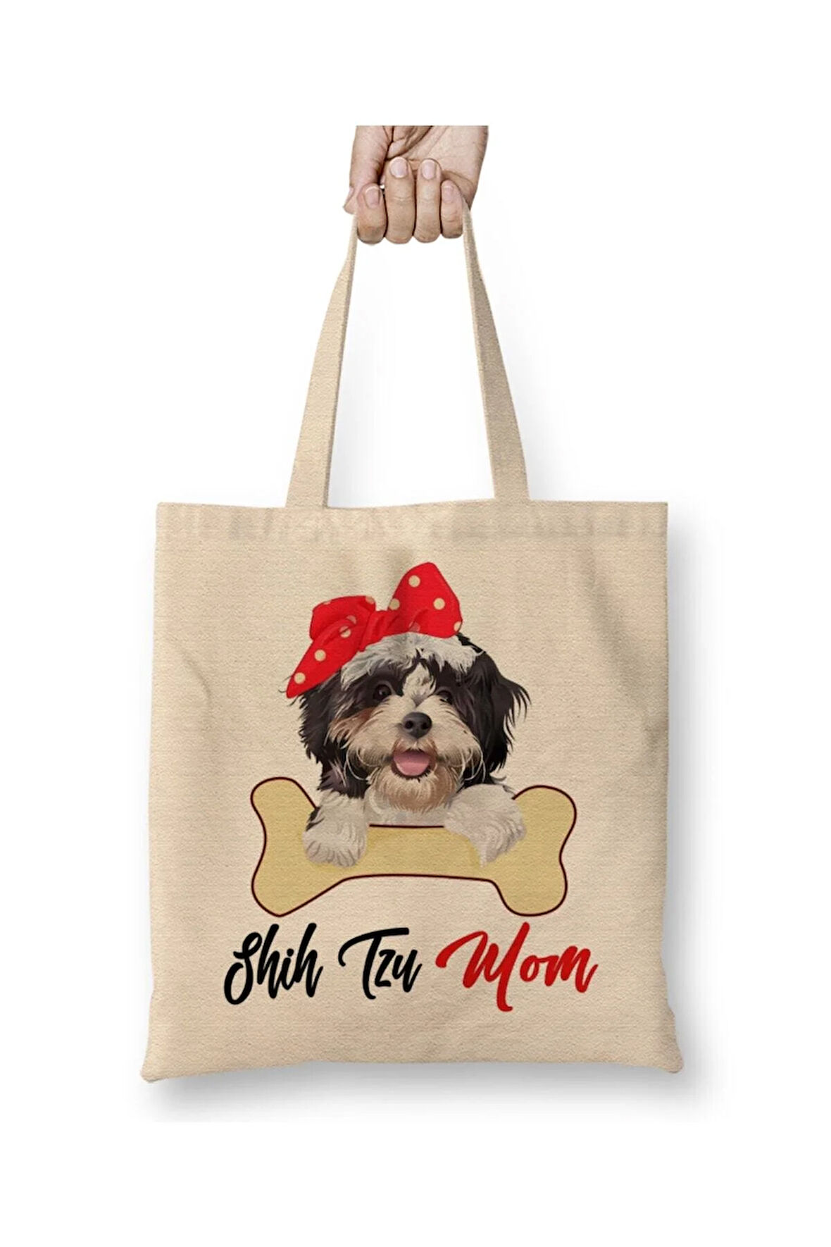Shih Tzu Mom Dog Owner Mothers Day Gift Köpek Annesi Beyaz Bez Çanta Uzun Saplı Alışveriş Çantası