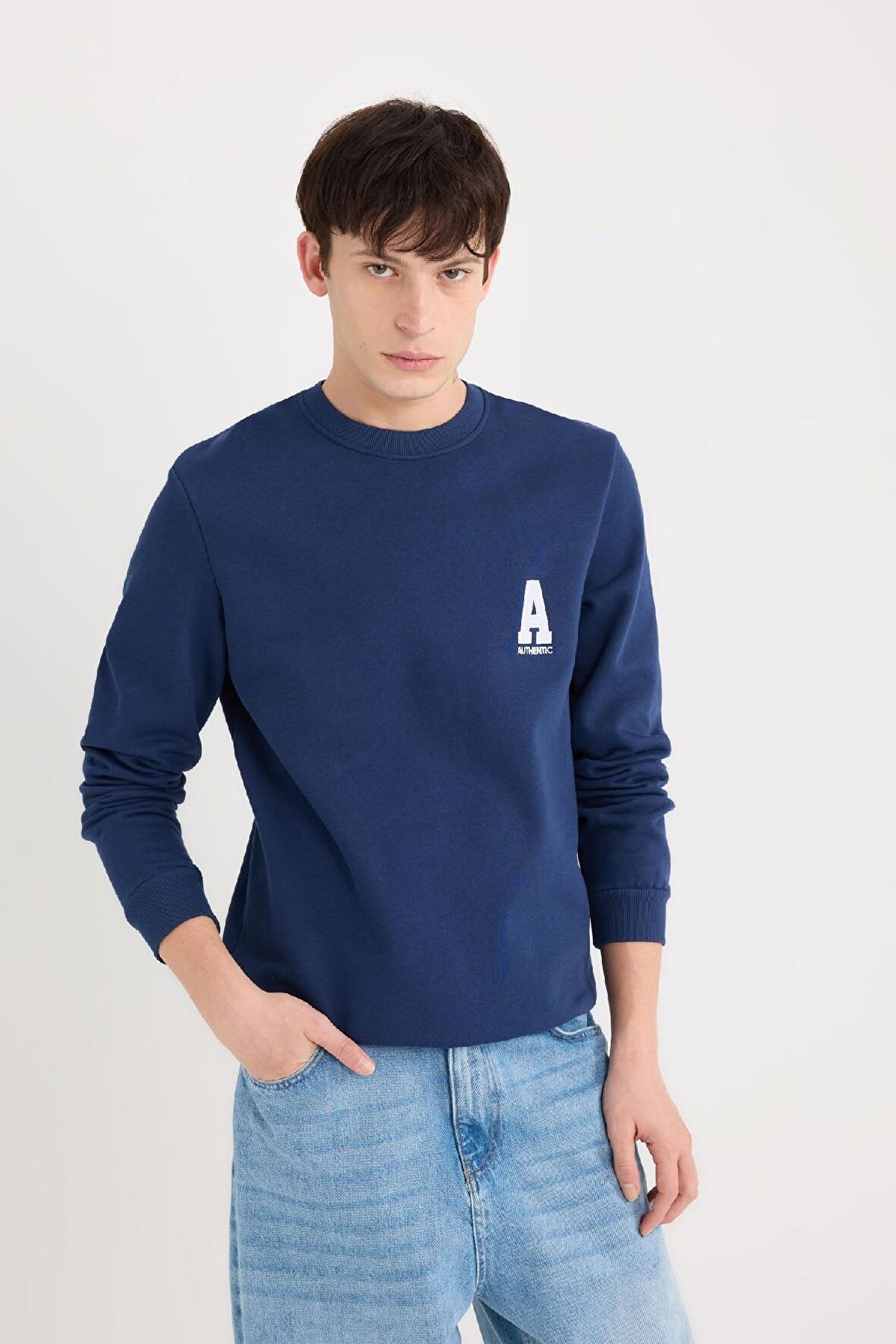 Lacivert New Regular Fit Bisiklet Yaka Baskılı Kalın Kumaş Sweatshirt