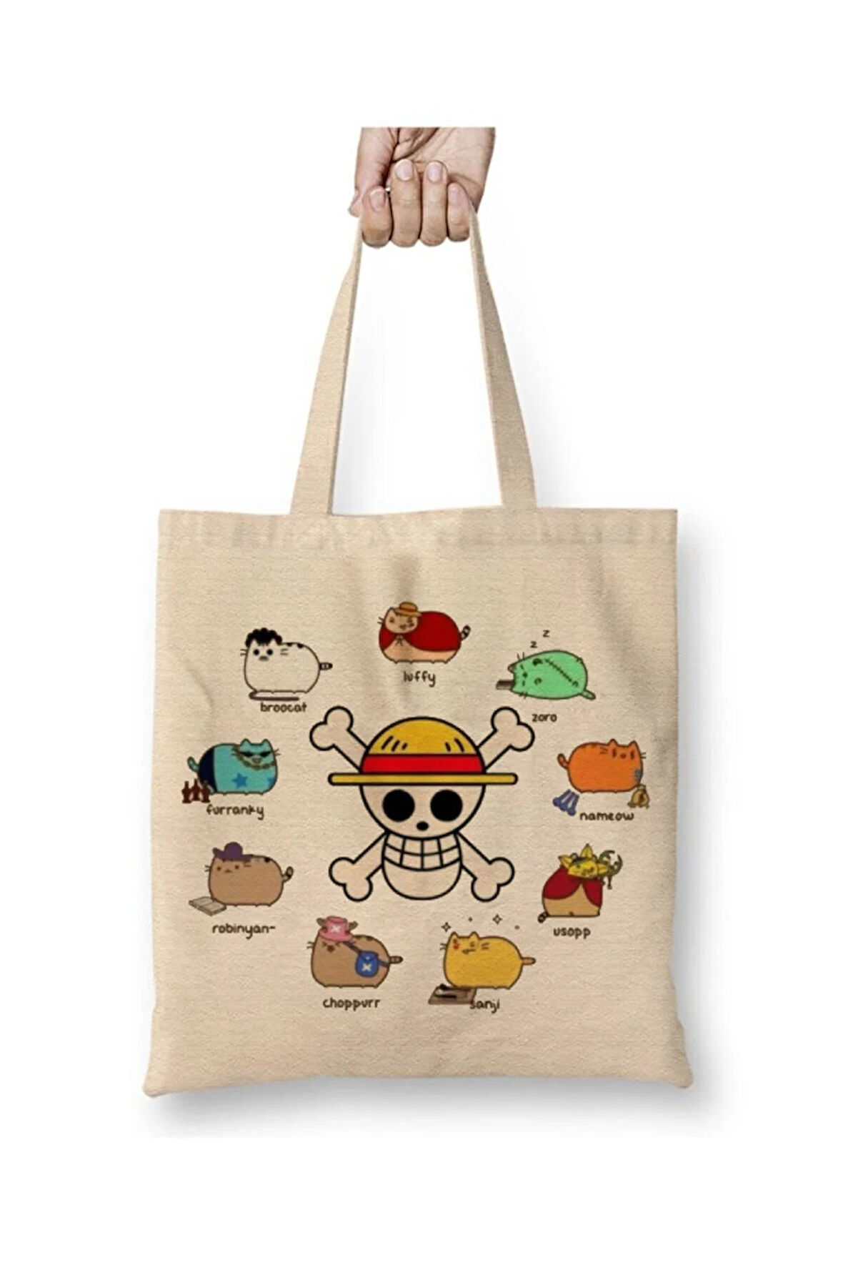 One Piece Cats Kediler Karakterler Beyaz Bez Çanta Uzun Saplı Alışveriş Çantası Plaj Çantası
