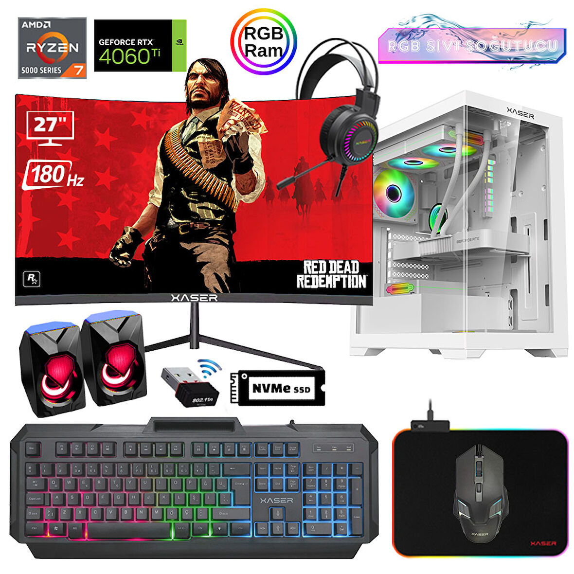 Xaser Xsr907 Ryzen 7 5700x 16GB Ram 512GB M.2 NVMe SSD 8GB RTX4060Ti 27"Curved 180Hz Sıvı Soğutma Oyun Bilgisayarı