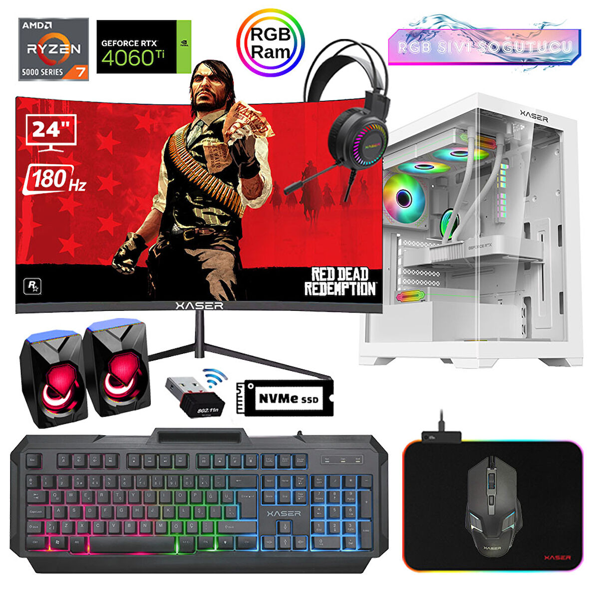 Xaser Xsr906 Ryzen 7 5700x 16GB Ram 512GB M.2 NVMe SSD 8GB RTX4060Ti 24"Curved 180Hz Sıvı Soğutma Oyun Bilgisayarı