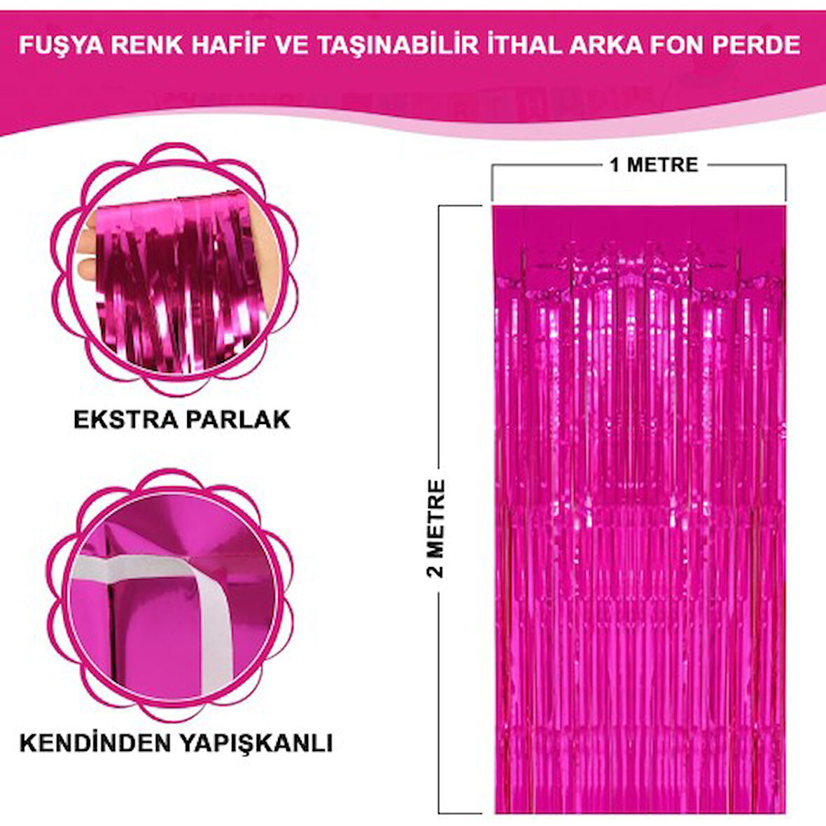 Periboia Ekstra Metalize Parlak Saçaklı Arka Fon Perde Fuşya