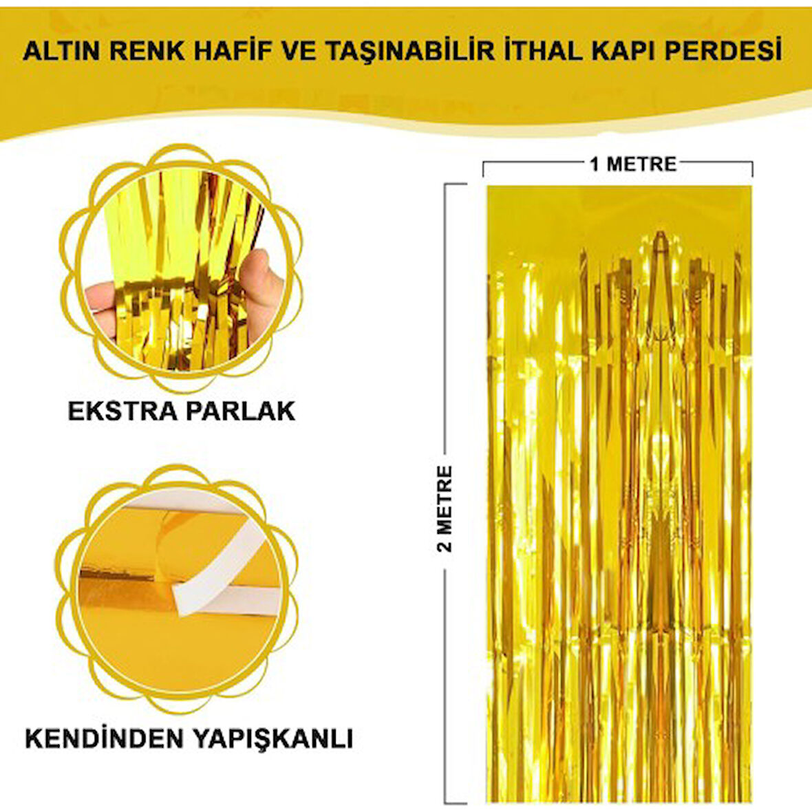 Periboia Ekstra Metalize Parlak Saçaklı Arka Fon Perde Gold