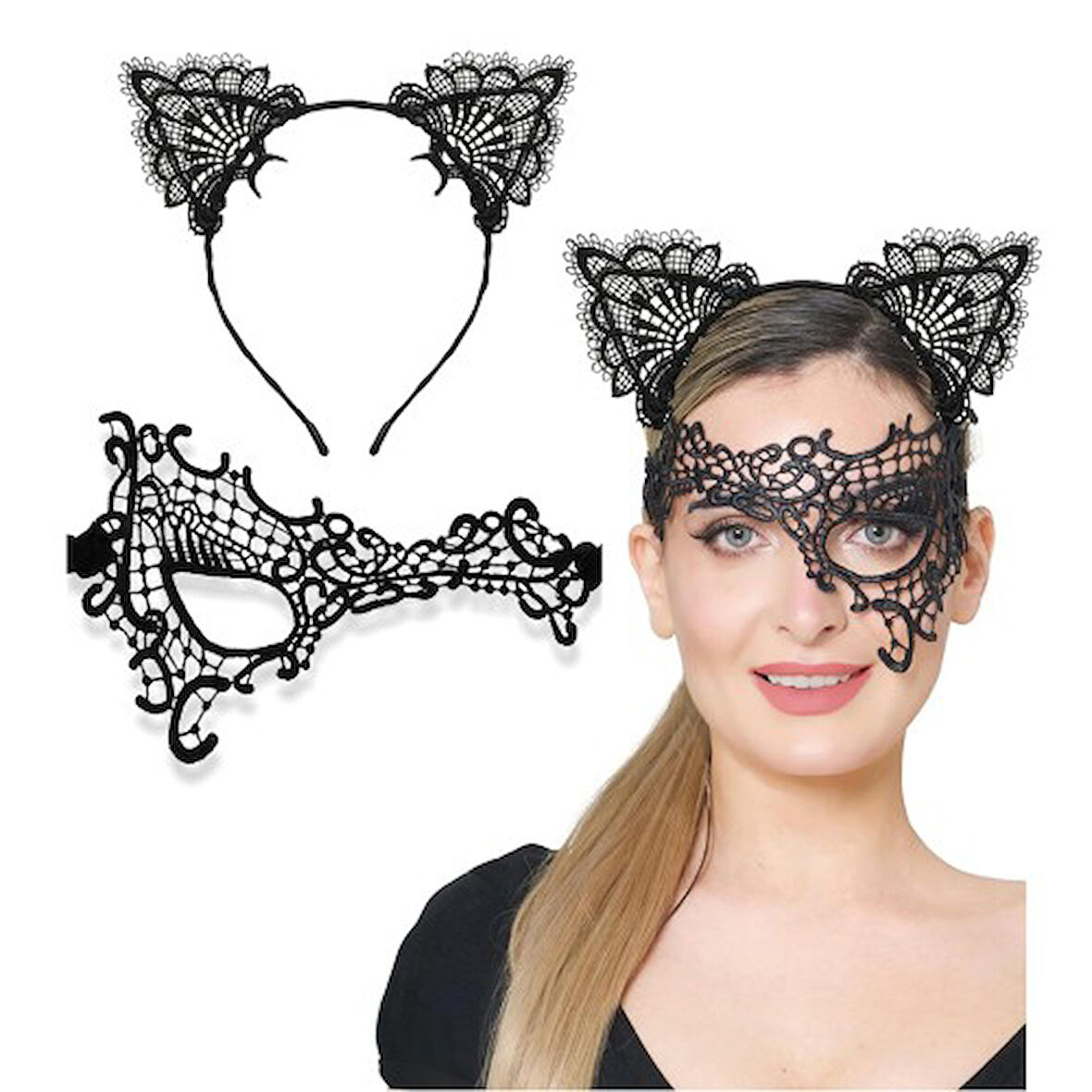 Periboia Siyah Dantel Maske ve Kulak Taç Seti No 13