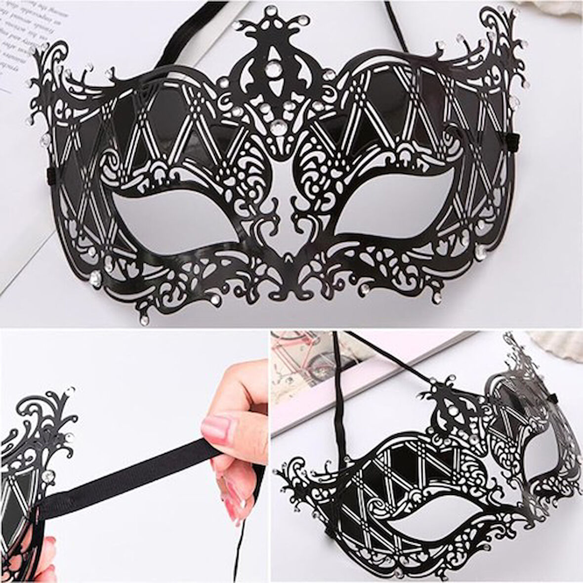 Periboia Kristal Gümüş Taşlı Siyah Lazer Kesim Metal Lüks Maske