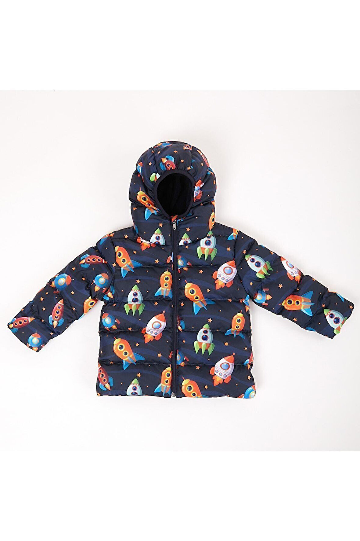 Spor Kız Çocuk Polarlı Kürklü Kapüşonlu Roket Desenli Şişme Mont Parka
