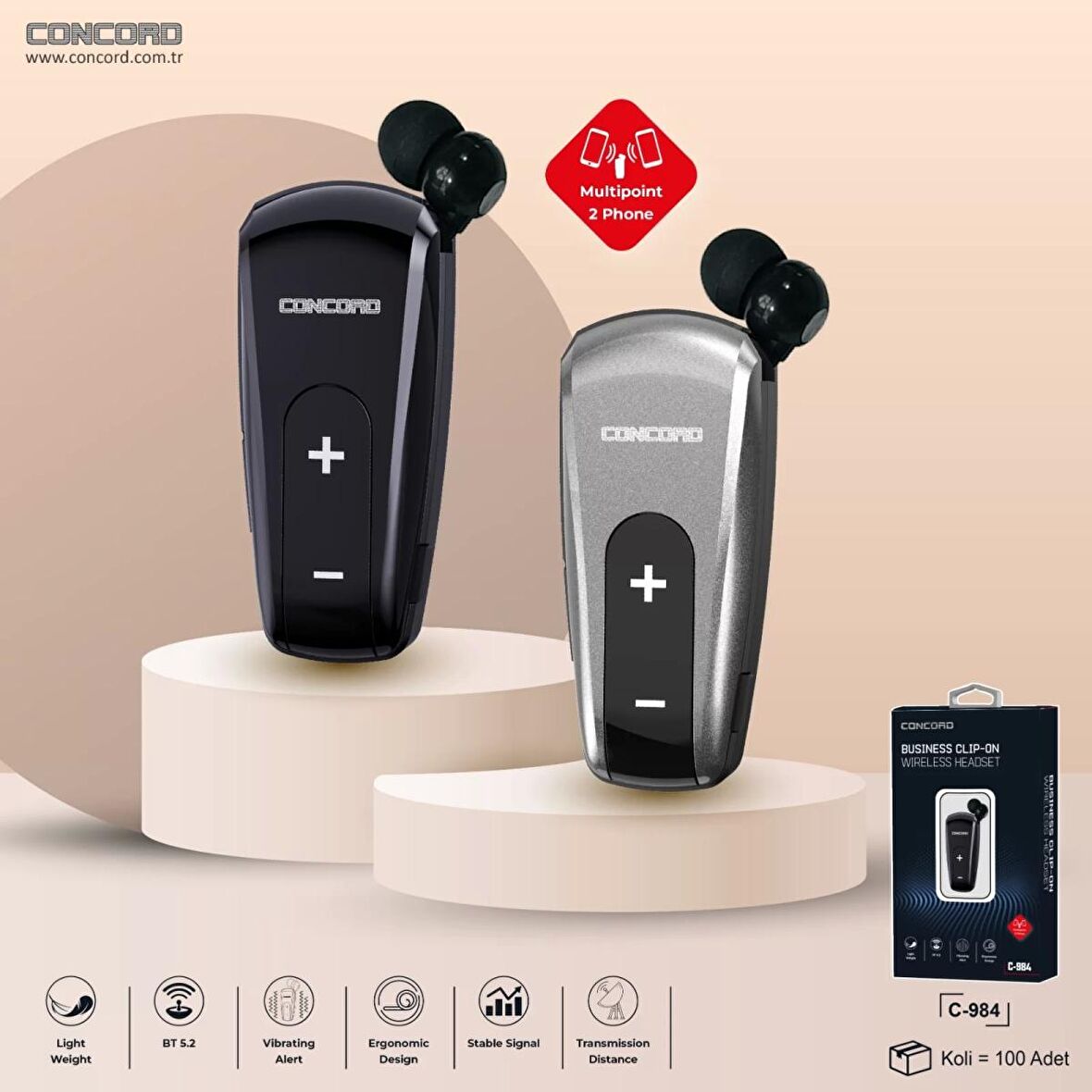 Concord C-984 Makaralı Bluetooth Kulaklık Titreşimli İki Telefona Bağlantılı 