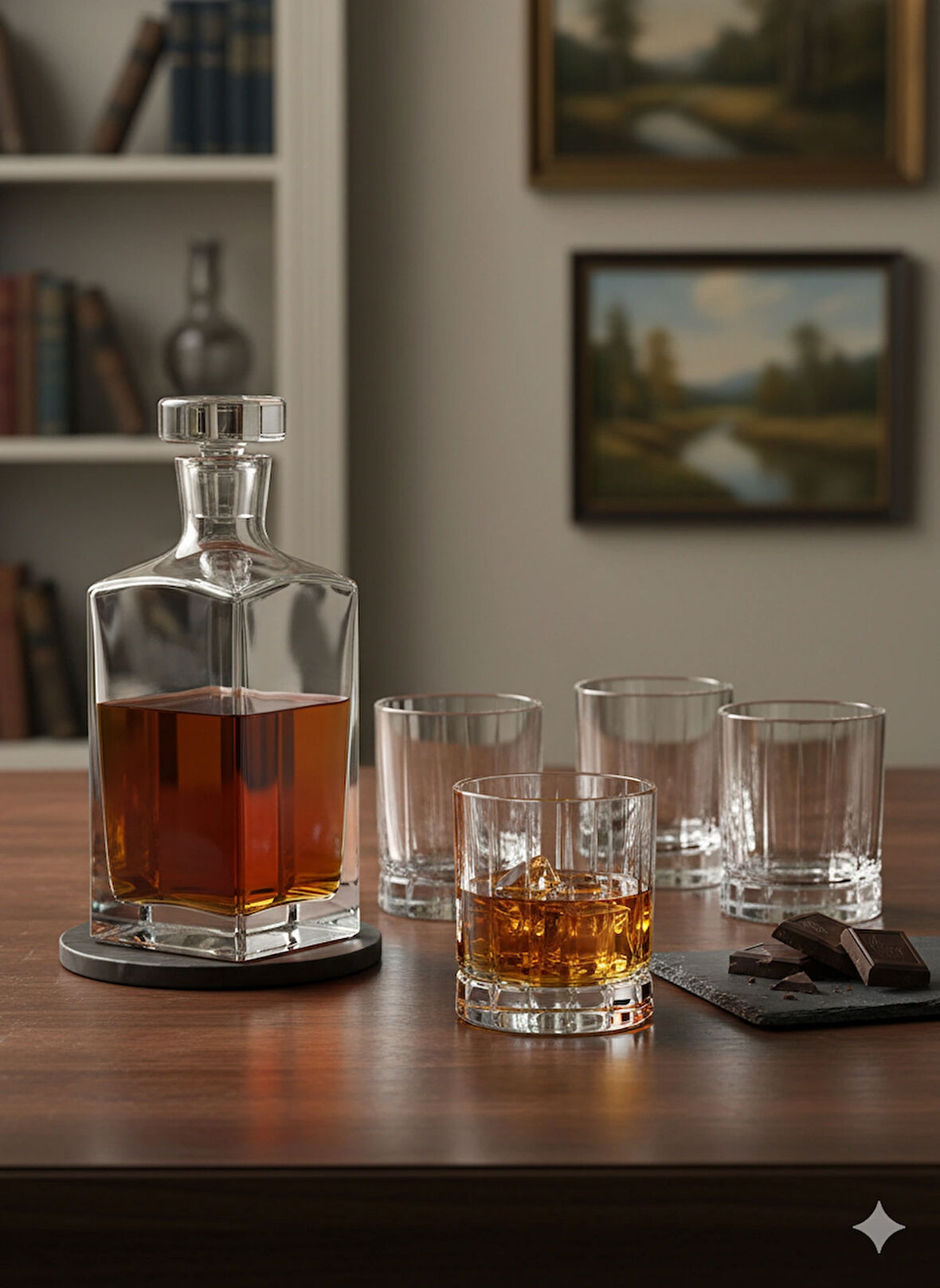 Paşabahçe Prisma Viski Şişesi (800cc) ve 4 Adet NudeGlass Wayne Viski Bardağı (250cc) Seti