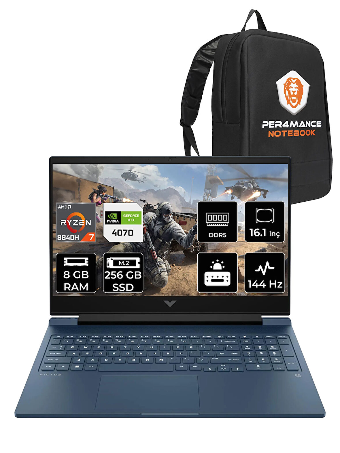 HP Victus 16 R7 8840H 8GB RAM 256GB SSD RTX4070/8GB 144Hz 16.1'' FHD FDOS Gaming Laptop & PER4 ÇANTA