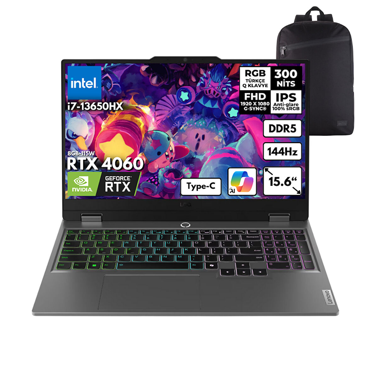 Lenovo LOQ i7 13650HX 32-GBDDR5 1 TBSSD RTX4060 (8GB-115W) 15.6" FHD 144Hz Windows 11 Home + HMF Sırt Çantası 83DV00WVTRHMF42