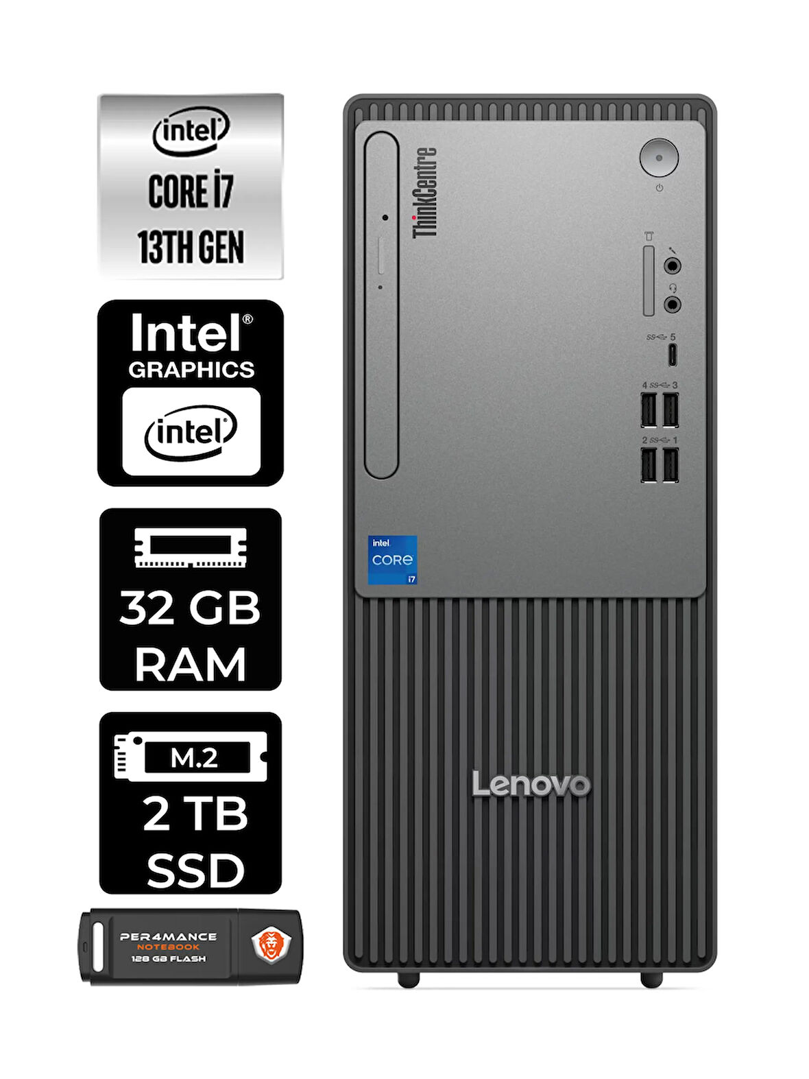 Lenovo ThinkCentre Neo 50T G5 i7 13700 32GB 2TB SSD FDOS Masaüstü Bilgisayar & PER4 USB Bellek