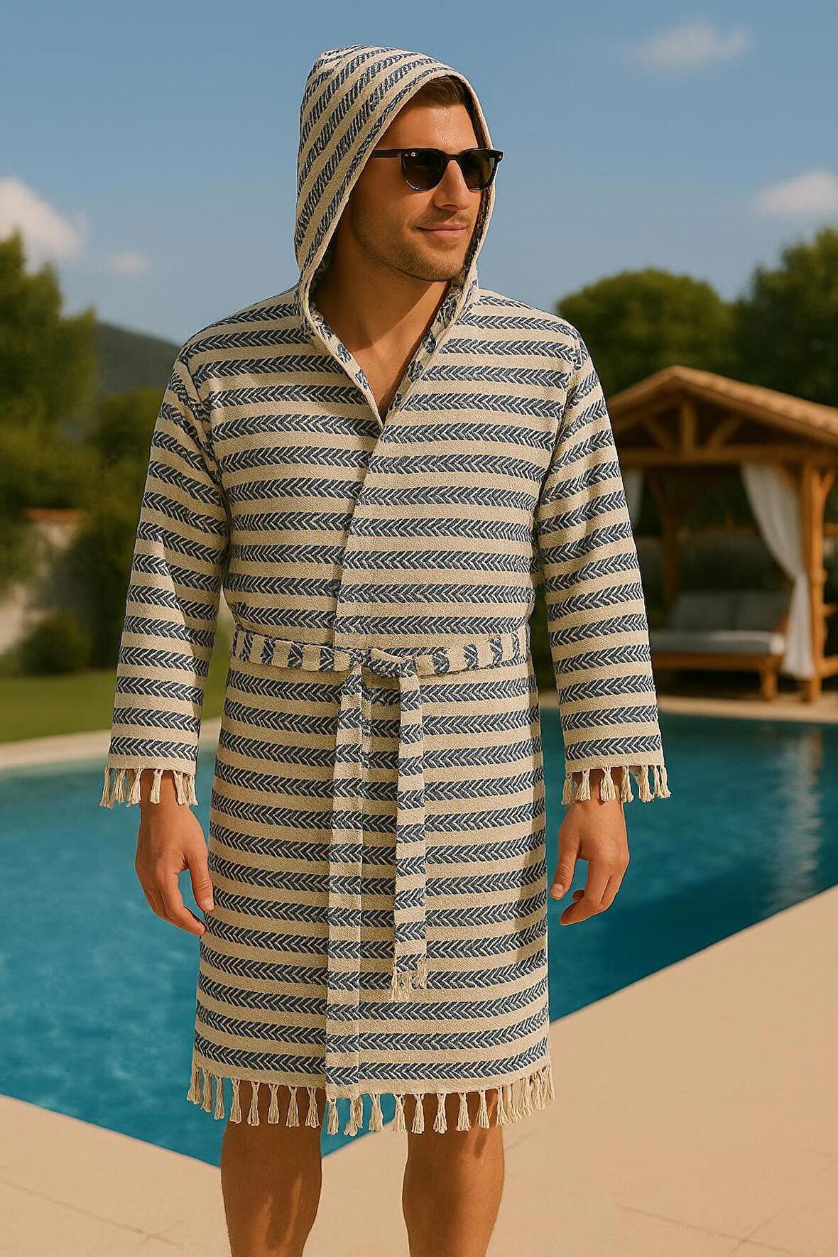 Özel Üretim Kapüşonlu Pamuk Dokuma Unisex Bornoz Peştemal