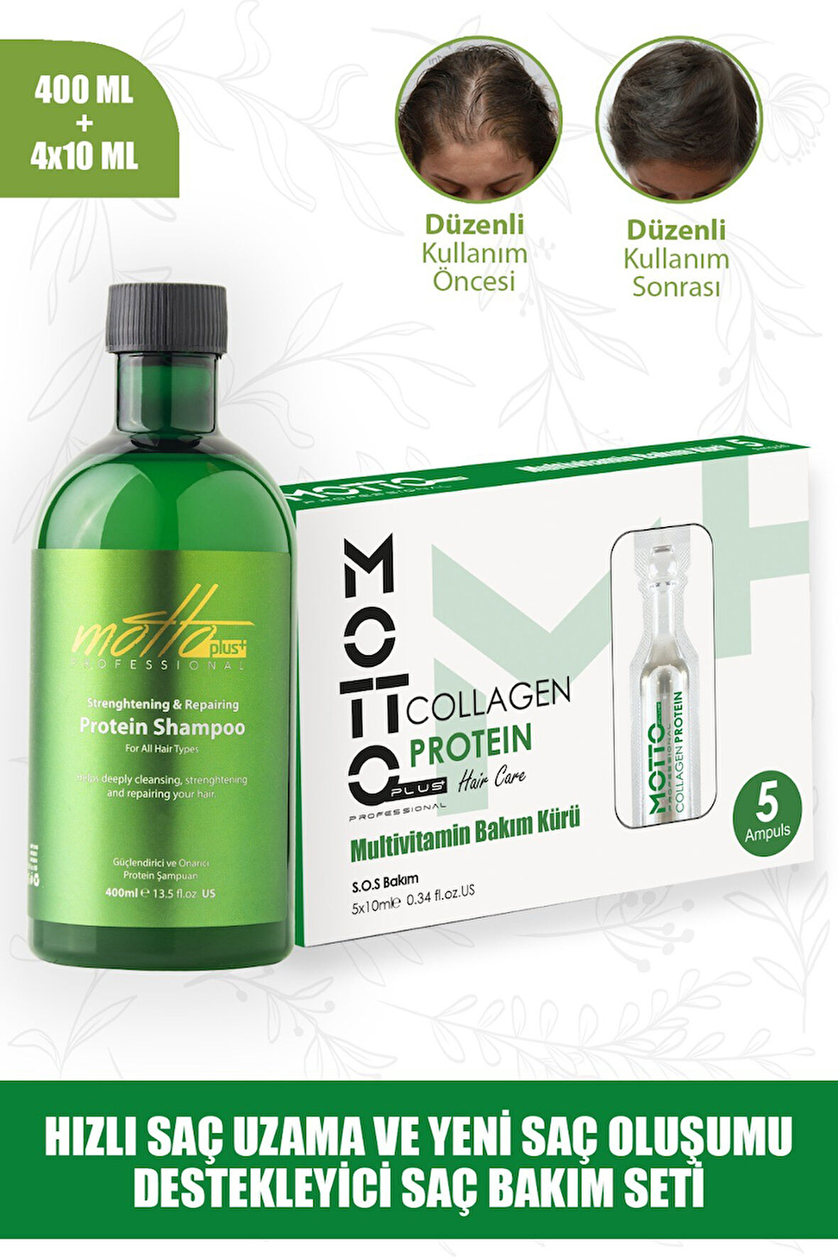 Motto Plus Professional Hızlı Saç Uzatma ve Yeni Saç Oluşumu Destekleyici 2'li Saç Bakım Seti (Protein - Collagen)