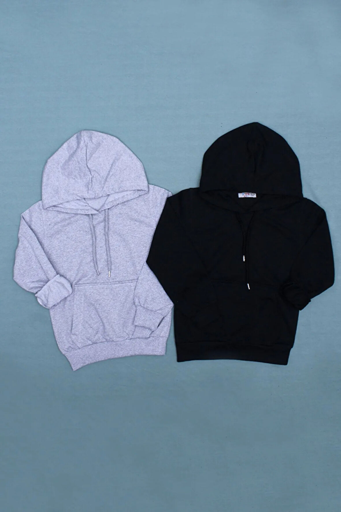 2'li Erkek Çocuk Gri-siyah Kapüşonlu Kanguru Cepli Sweatshirt