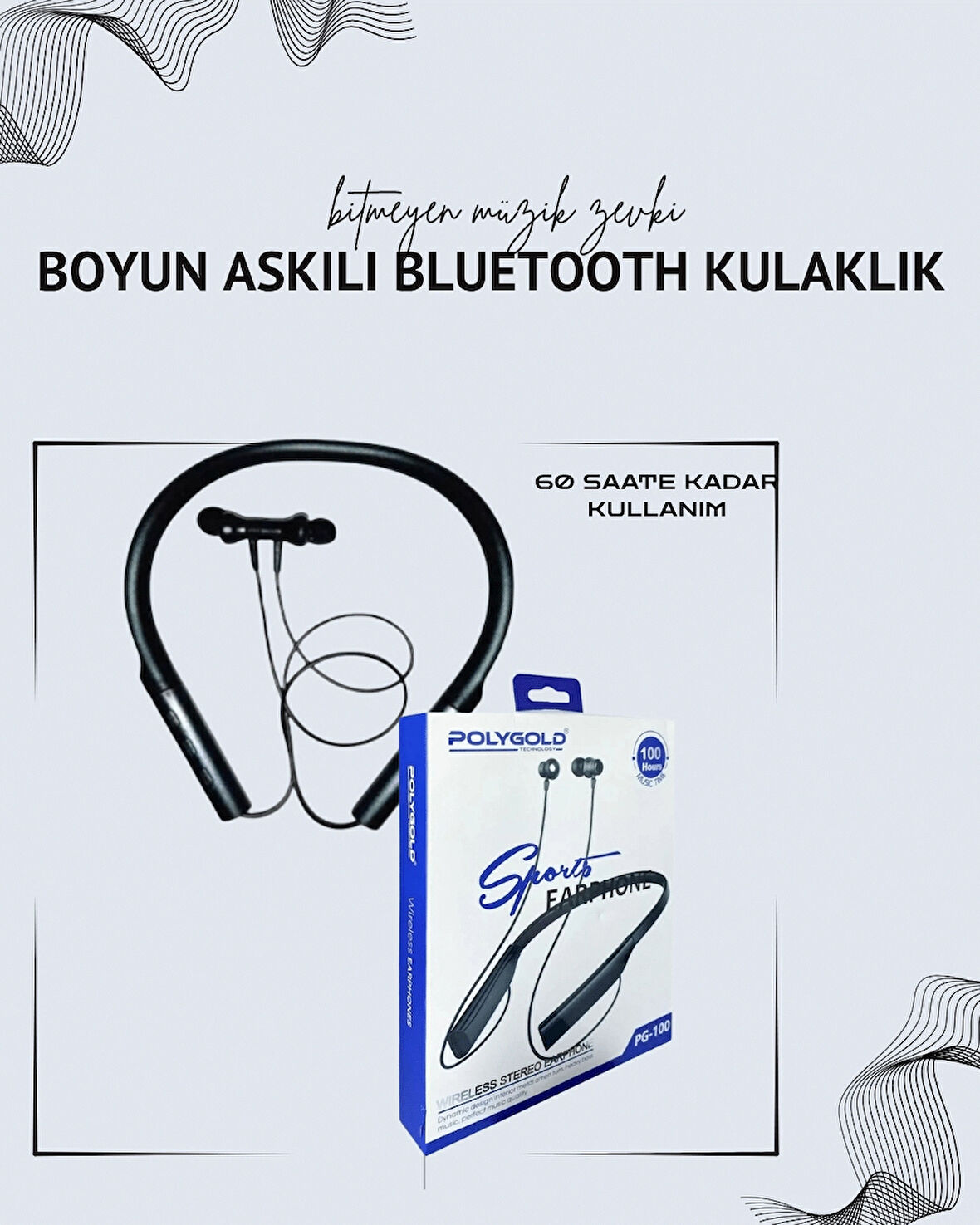 Polygold PG-100 Boyun Askılı Kablosuz Kulaklık – 200 Saat Bekleme Süresi, Stereo Ses, Mikrofonlu