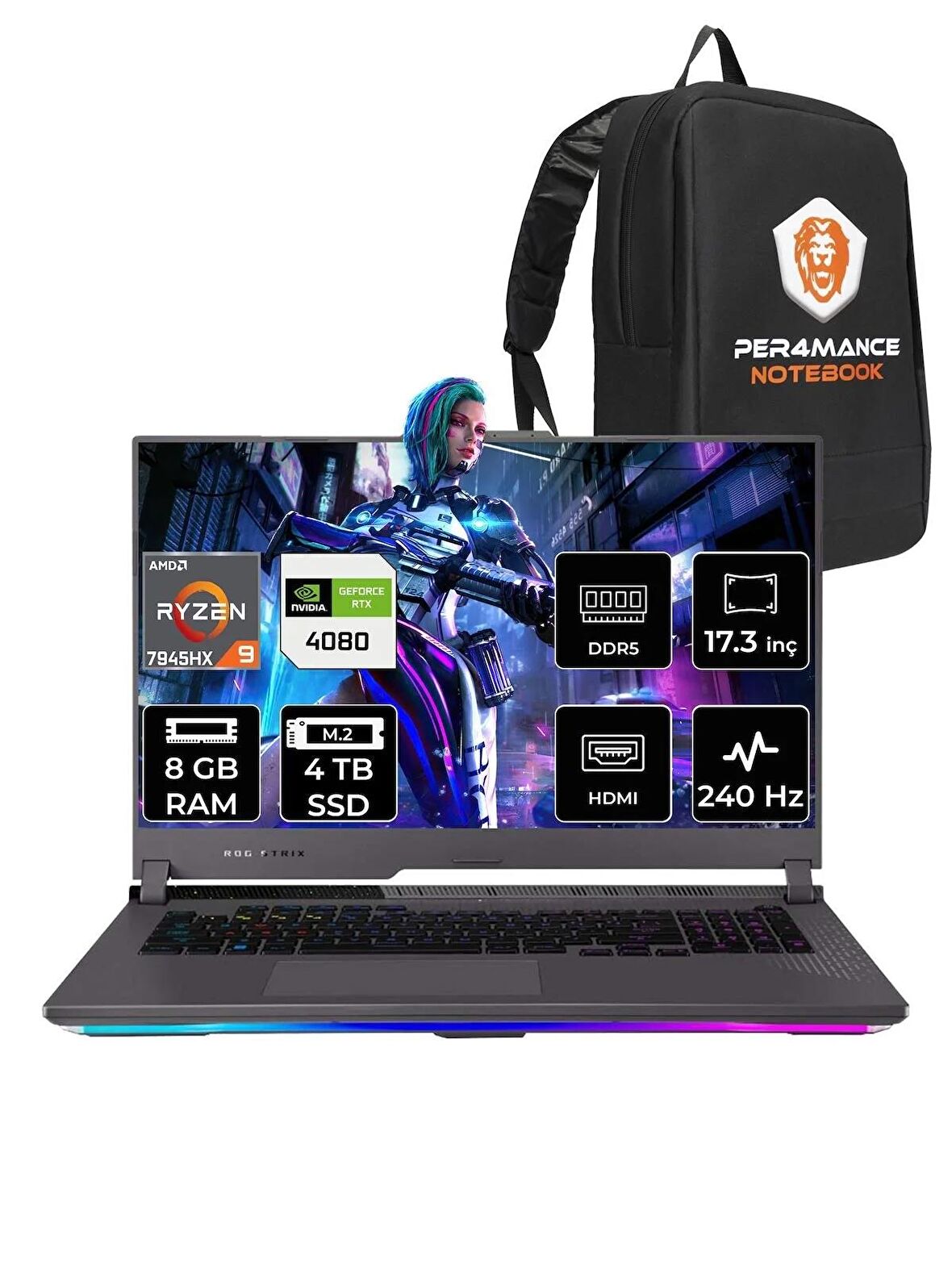 ASUS ROG Strix Scar 17 R9 7945HX 8GB 4TB SSD RTX4080/12GB 175W 17.3 WQHD FDOS LL065 & PER4 ÇANTA